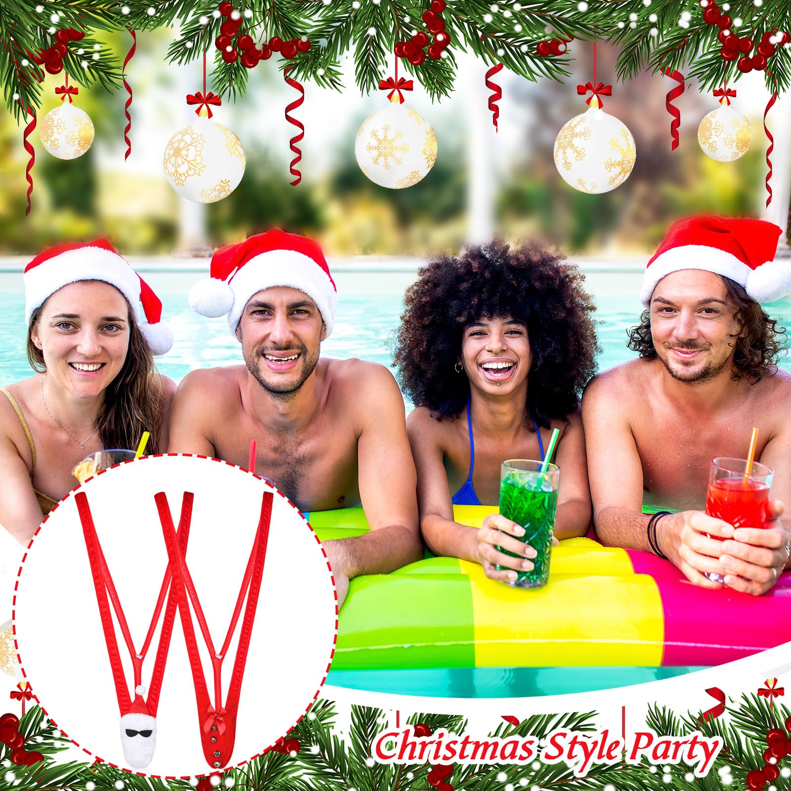 Hestya 4 Pcs Set de Mankini Noël Chapeaux de Père Mankini à String Bonnet Noël Maillot de Bain Drôle pour Homme