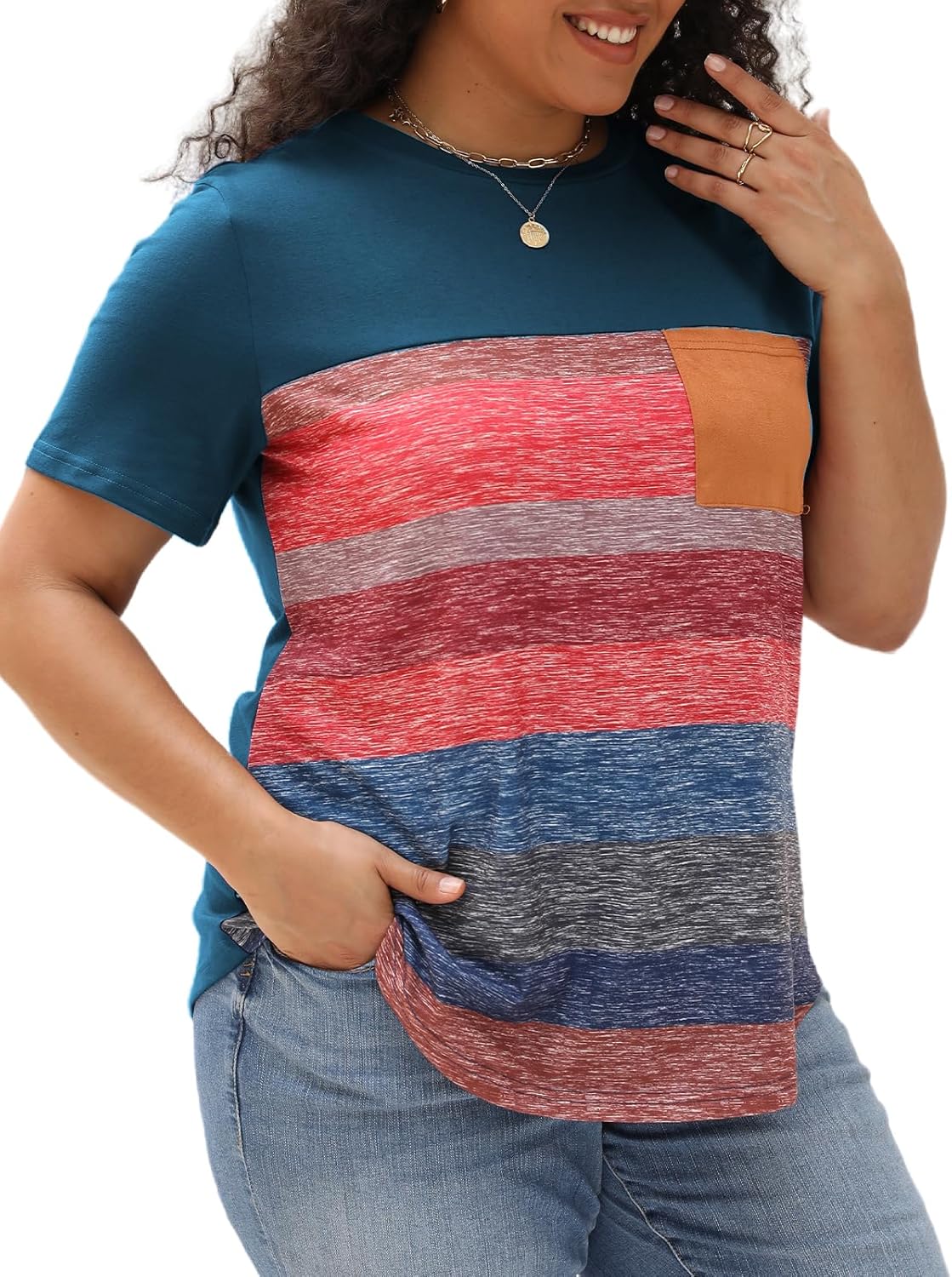 ROSRISS Womens Plus Size Shirts Summer Round Neck Tops Short Sleeve Blouses Turquoise 2XL - Image 2