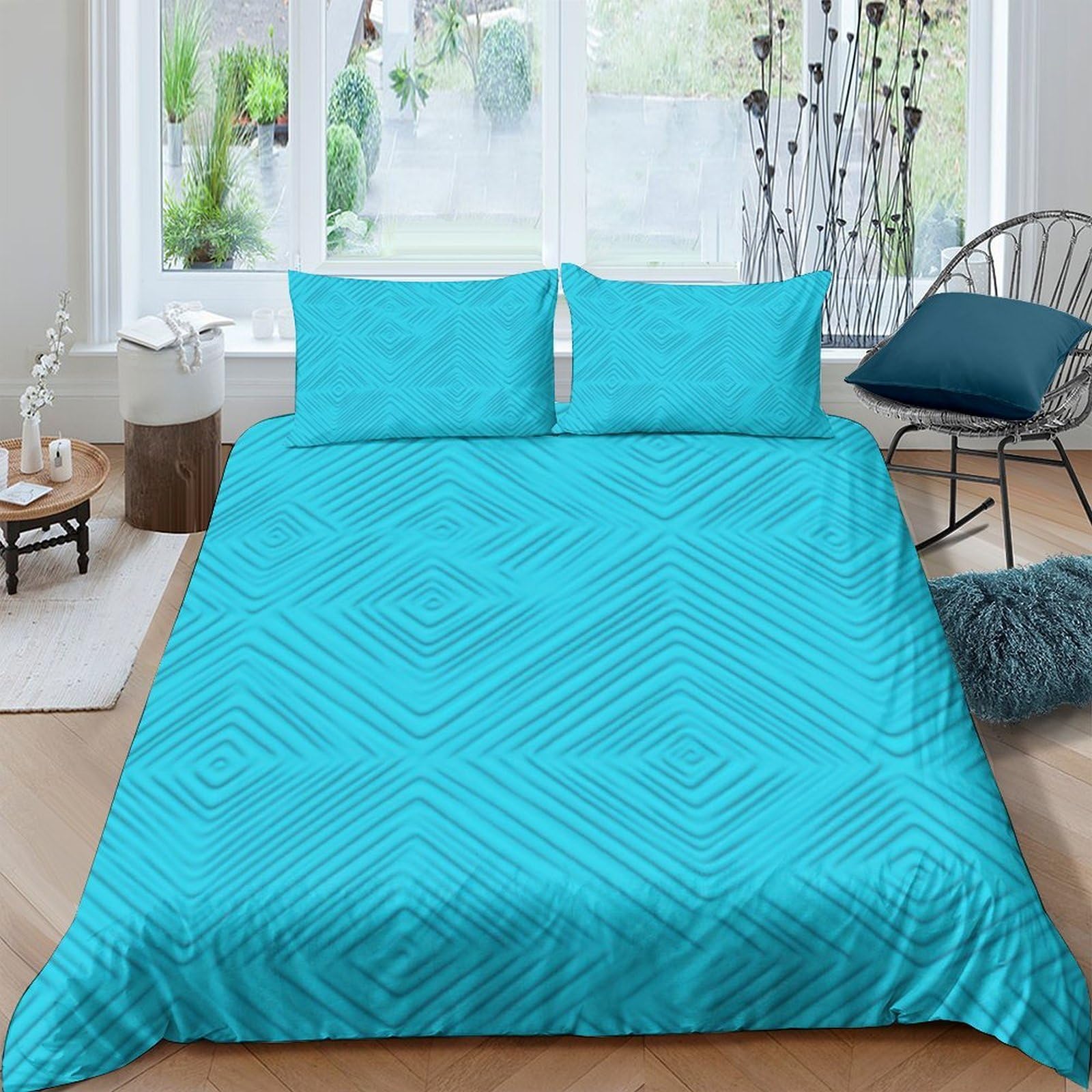 GPLZQXKJNH 3D Printed Geometric Turquoise Duvet Cover Microfiber Soft Breathable Abstract Pattern Bedding Set with 2 Pillowcases for Bedroom Decor Single（135x200cm）