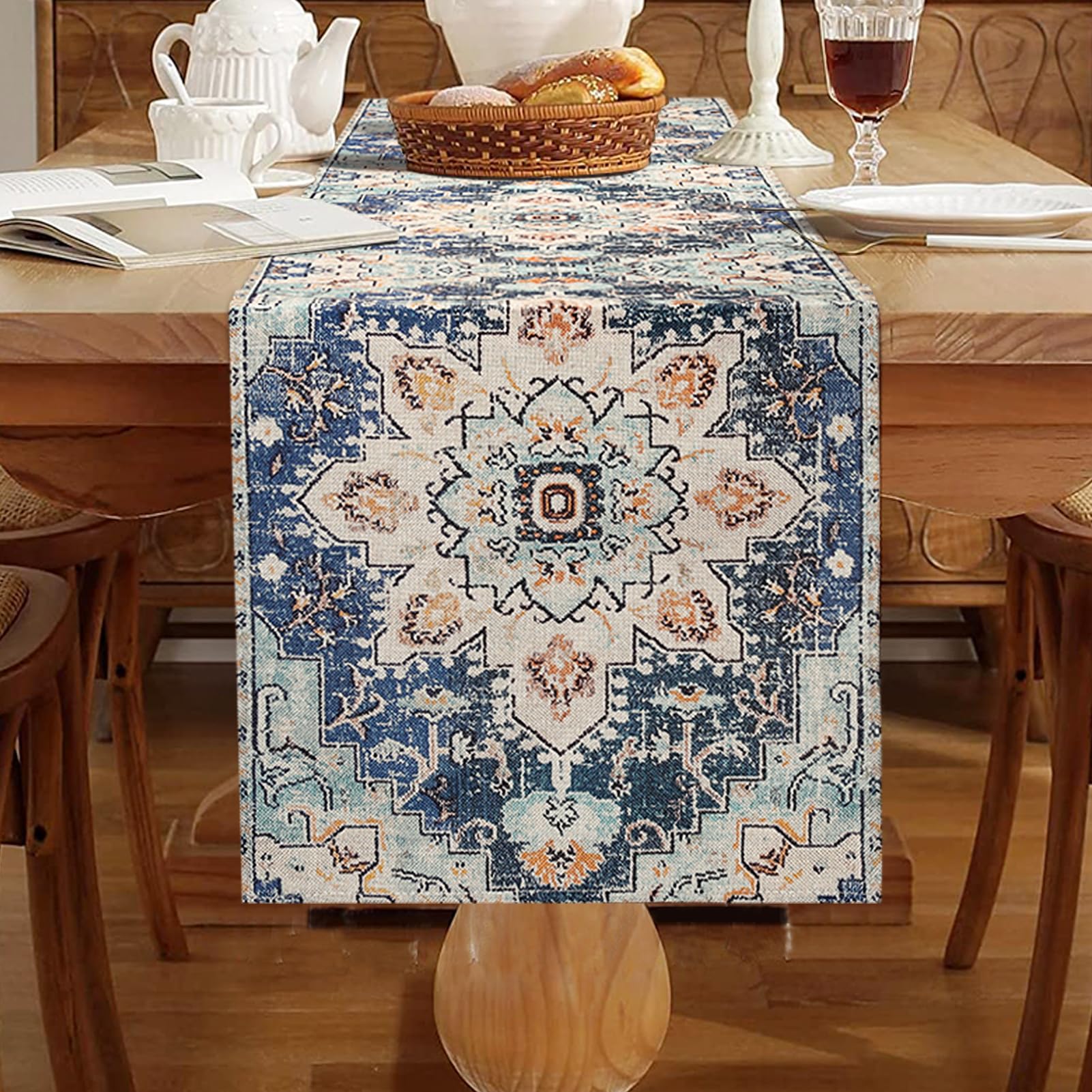 Chicamy Blue Linen Table Runner 33 x 183 cm Mandala Modern Boho Style Country Rustic Decorative for Dinner Party Holiday Dining Room Dresser