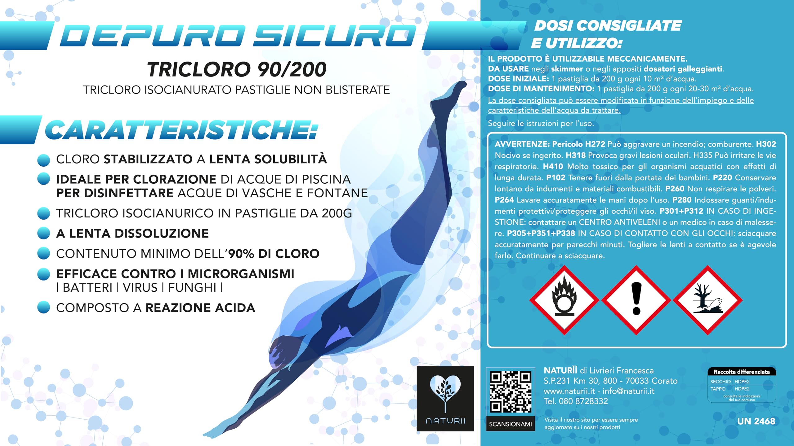 Naturii kg 10 Cloro Lento, tricloro 90/200 compresse Pastiglioni da 200 gr, cloro attivo 90%