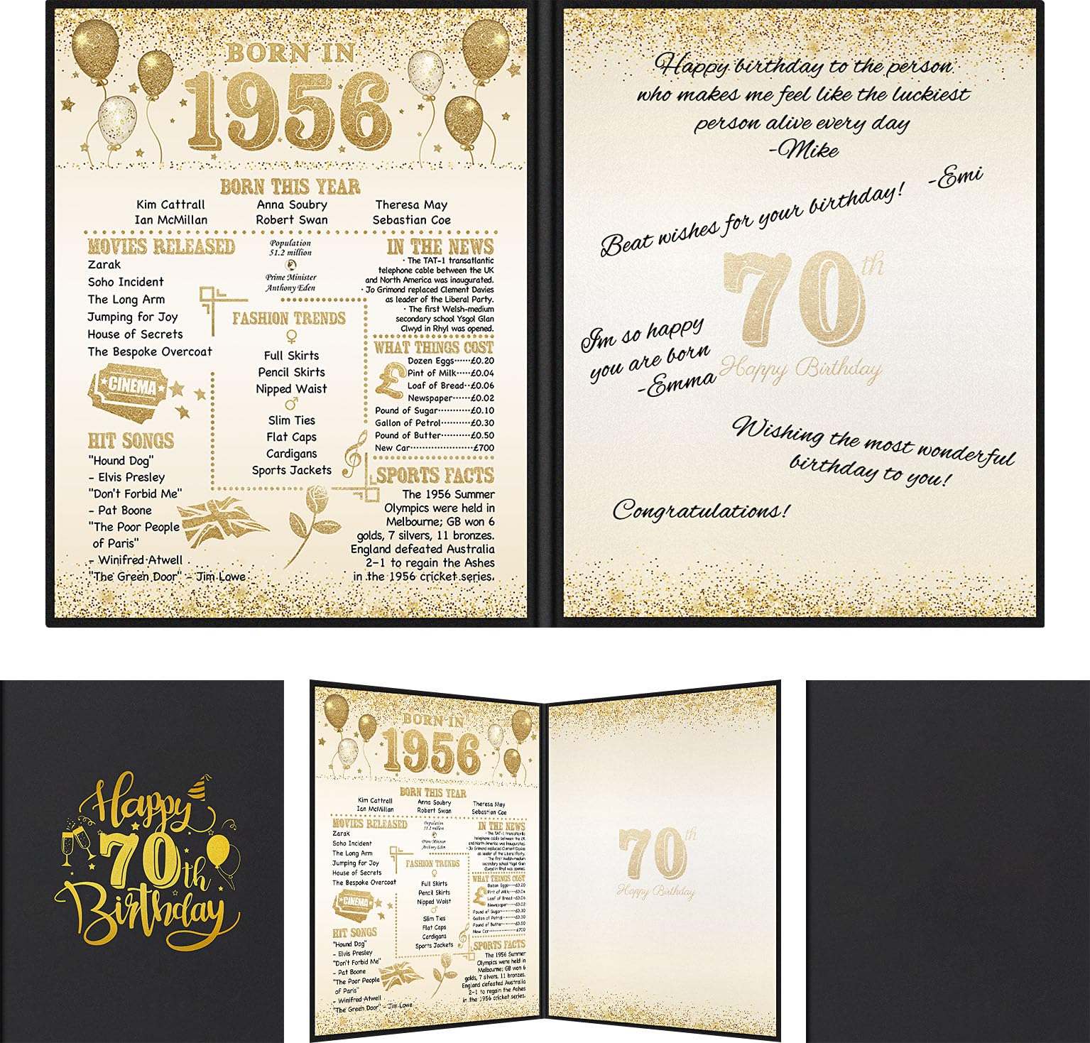 Benjia 70th Birthday Decoration, Bday Card Gift Guest Signing Book for Woman Man, Born in 1956 UK Poster Guestbook, 70 Years Old Signature Board, Black Gold Birthday Party Decor for Dad Mum