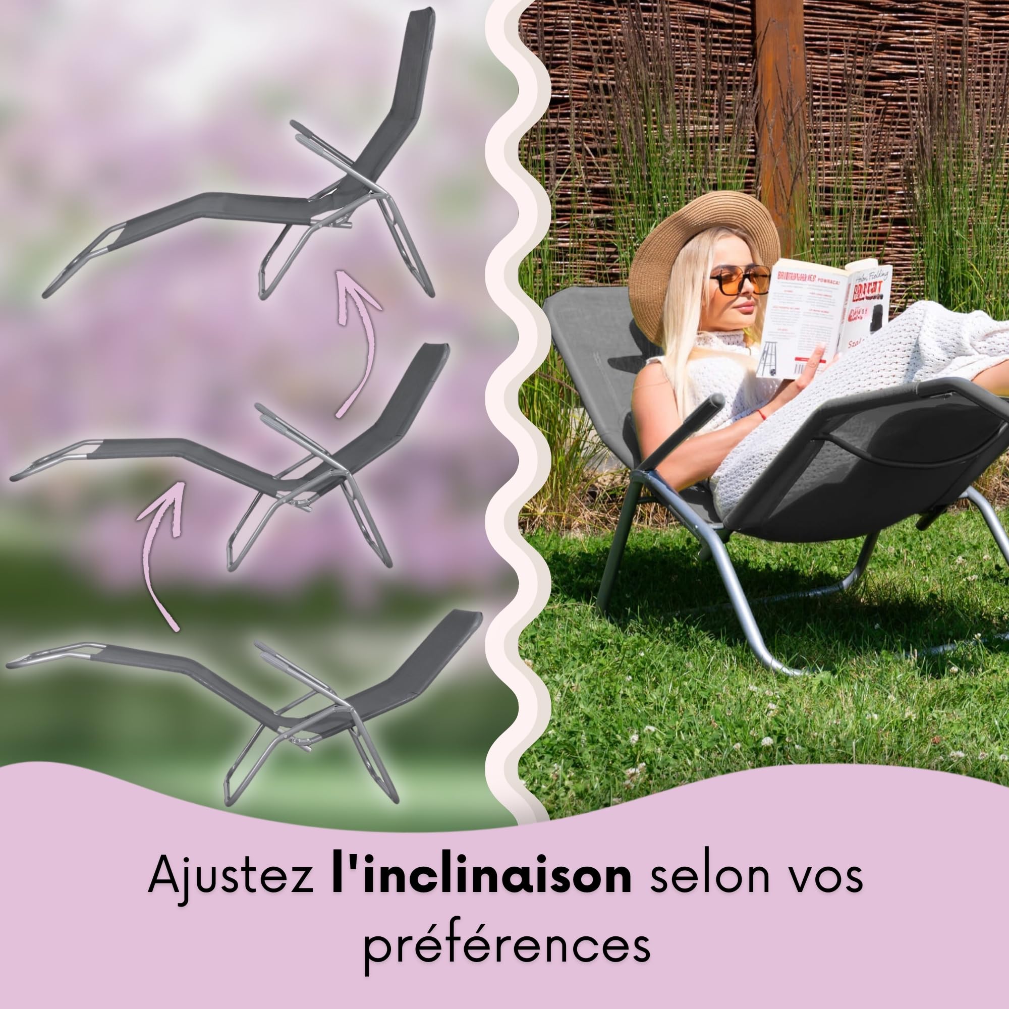 SPRINGOS Chaise Longue basculante Chaise Longue de Jardin 3 Positions en métal avec accoudoirs et Tissu Textile Fauteuil inclinable d'été