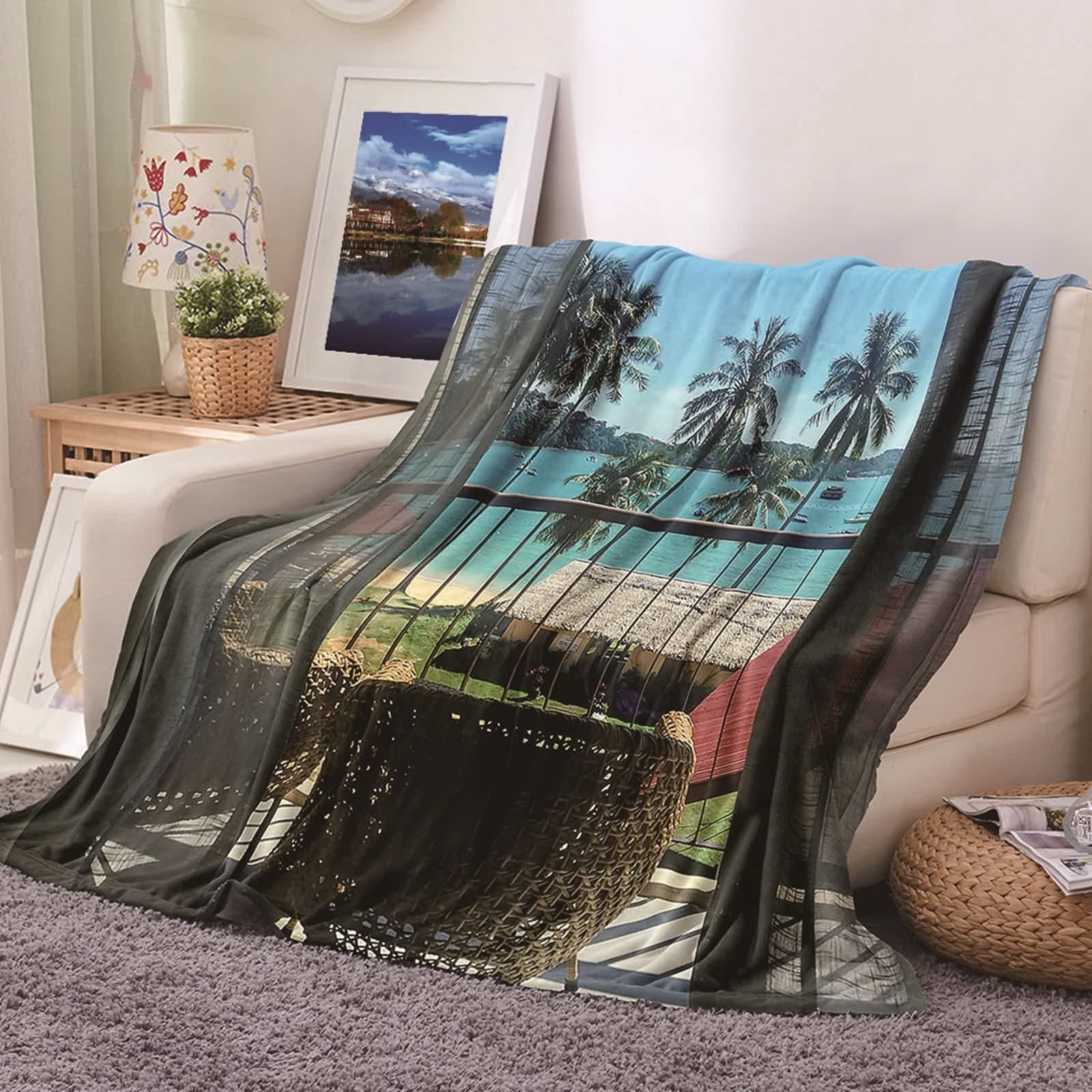 Couverture chaude hiver flannel KnSam 180x220cm verte et bleue pour lit