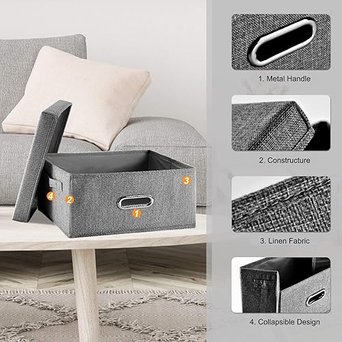 Miniatura 4 de Contenedores de almacenamiento de tela de lino con tapa 1 unidad Caja de almacenamiento plegable con tapa, contenedores de almacenamiento para