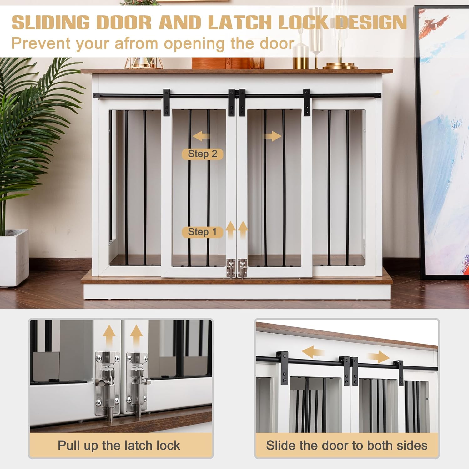 Sunseen Dog Crate Furniture with Divider,Wooden Dog Kennel End Table,Large Breed Dog House Indoor for One Large Dog or Two Small Dogs,Double Doors,47''W*24''D*35''H,White