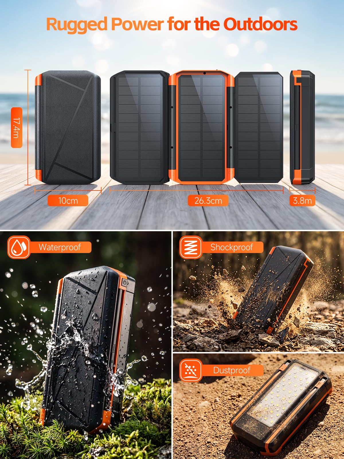Power Bank Solare 63200mAh 30W Ricarica Rapida con 3 Pannelli Solari | Batteria Esterna con 4 Uscite, Torcia extra large SOS, Ricarica Rapida e Indicatore di Carica Solare, Ideale per Outdoor