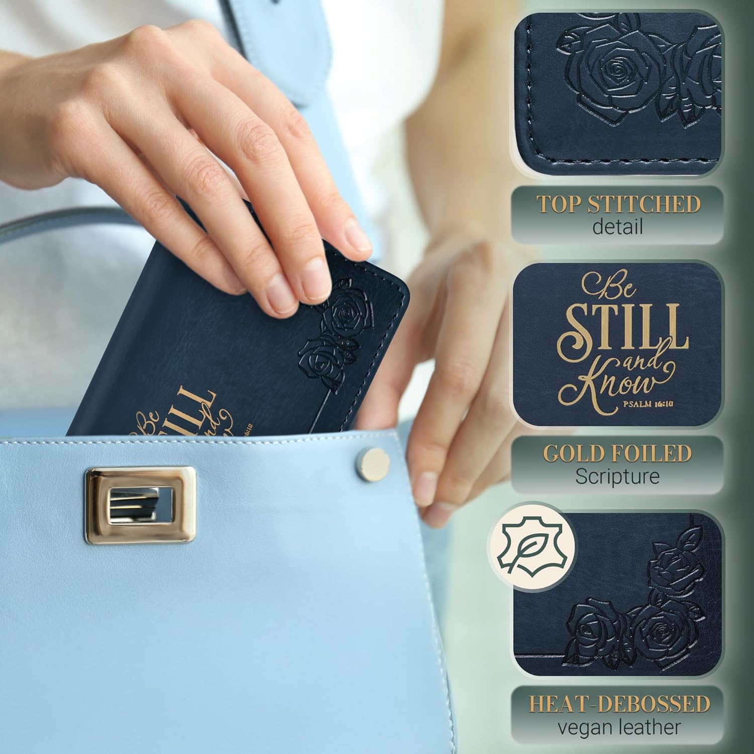 Christian Art Gifts Checkbook Cover for Women and Men with Inspirational Scripture - Be Still and Know - Navy Faux Leather Checkbook Cover for Duplicate Checks, ID, Cards & Pen Loop - Psalm 46:10 - Image 3