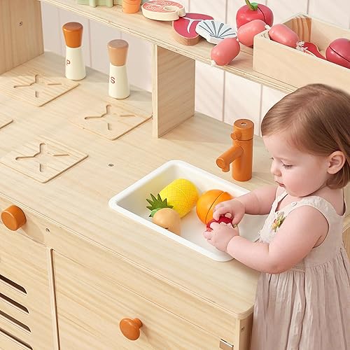 Miniatura 7 de PairPear Cocina de juego para niños, grande de madera natural para niños, accesorios de cocina con manualidades y estantería, juguetes de comida