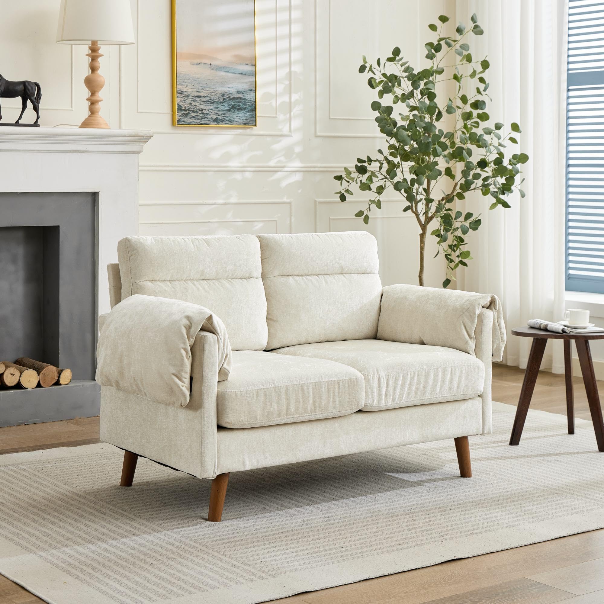 2-Sitzer Sofa Kompakt, Chenille, Gepolstert, 124cm, Wohnzimmer, Beige