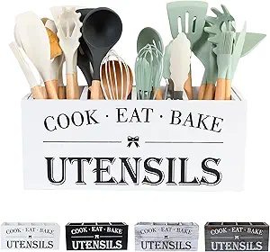 Utensil Holder,Extra Large Wooden Utensil Holder For Kitchen Counter,Cooking Spatula Organizer,Big Storage Caddy With 4 Compartments Flatware Spoon Tool Cutlery(White)