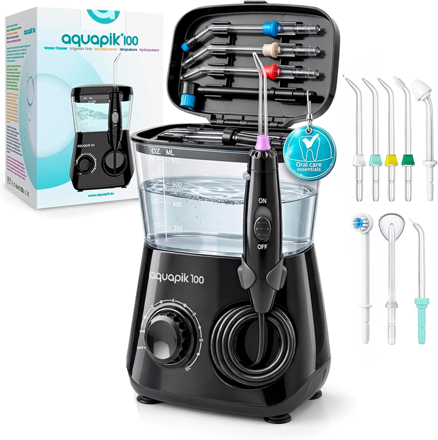 Bostontech Aquapik 100 Countertop Water Flosser for Teeth, 600 ml Corded Oral Irrigator with 10 Pressure Levels, 8 Nozzles Including Nasal Tip, 360° Tip, for Braces, Implants, Gums, White (Black)