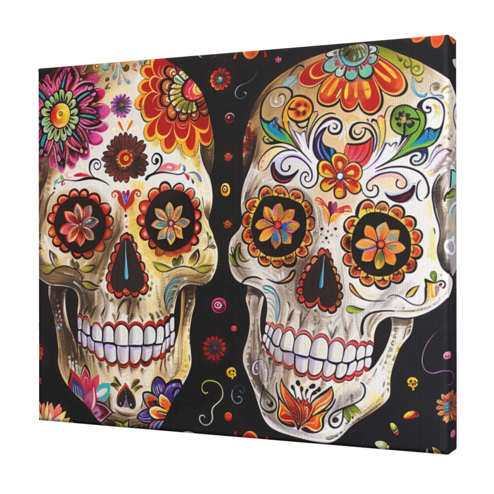 YKLJG Sugar Skulls Printed Wall Art Canvas Prints 60x50 CM Wooden Framed Picture Painting Artwork for Bedroom Kitchen Home Office Decor