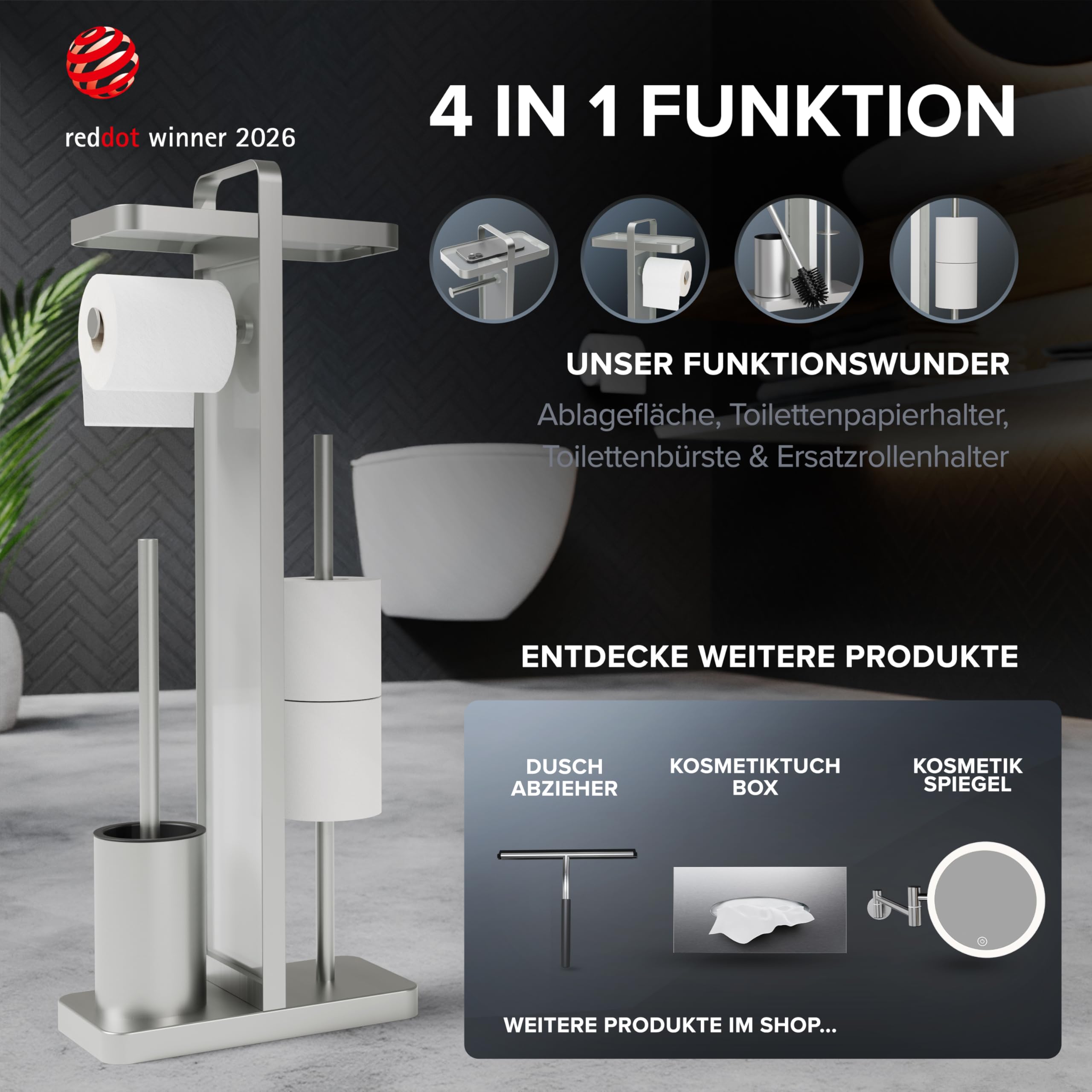 ovimar 4-in-1 Stand WC-Garnitur Tuapaat in Silber | WC Bürstengarnitur mit Silikonbürstenkopf, WC Rollenhalter, Ersatzrollenhalter und Smartphone Ablage | platzsparend | Badezimmer Organizer Edelstahl