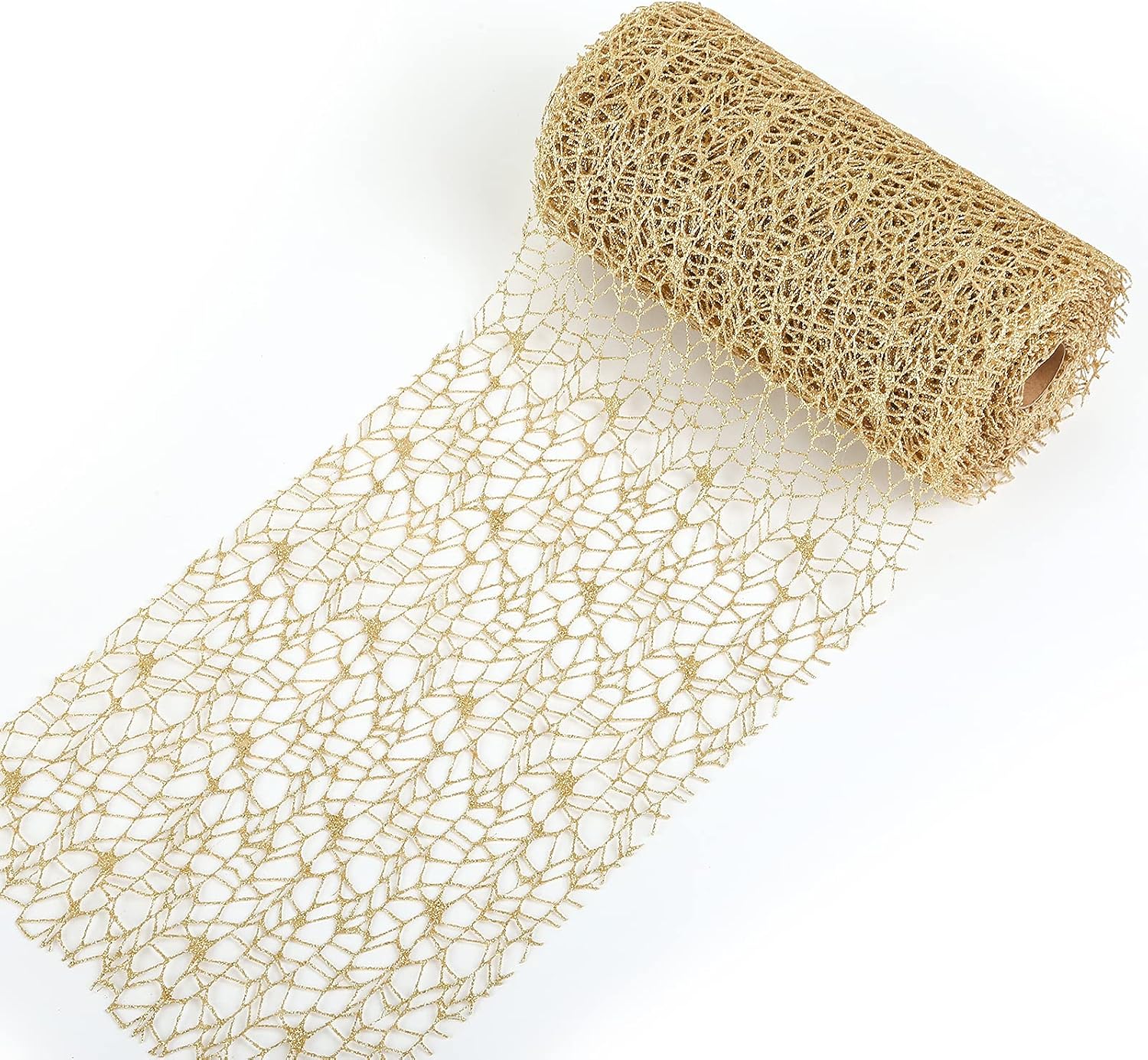 LEMESO Christmas Ribbons 10 m x 22 cm Wide Gold Glitter Mesh Ribbons Web Ribbon for Christmas Tree Decoration Xmas Gift Wrap Supplies