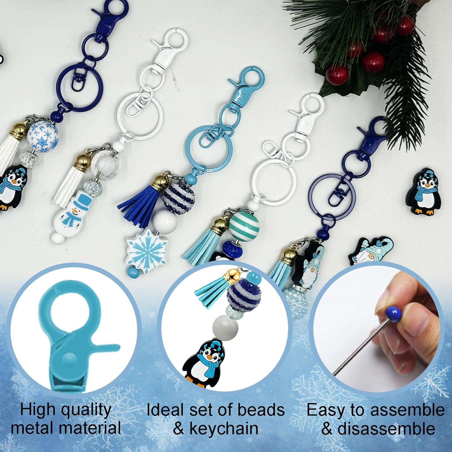 HEYUNG 15 Sets Christmas Beadable Keychain Bars, Winter Beaded DIY Keychain with Blue Acrylic Beads and Tassels Snowflake Beaded DIY Keychains Rings for Women Men Student Craft Supplies