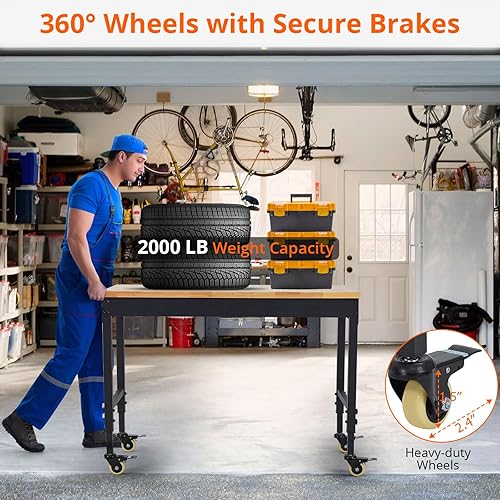 Miniatura 3 de Banco de trabajo ajustable de 48 pulgadas, estación de trabajo resistente, capacidad de carga de 2000 libras, estación de trabajo superior de madera