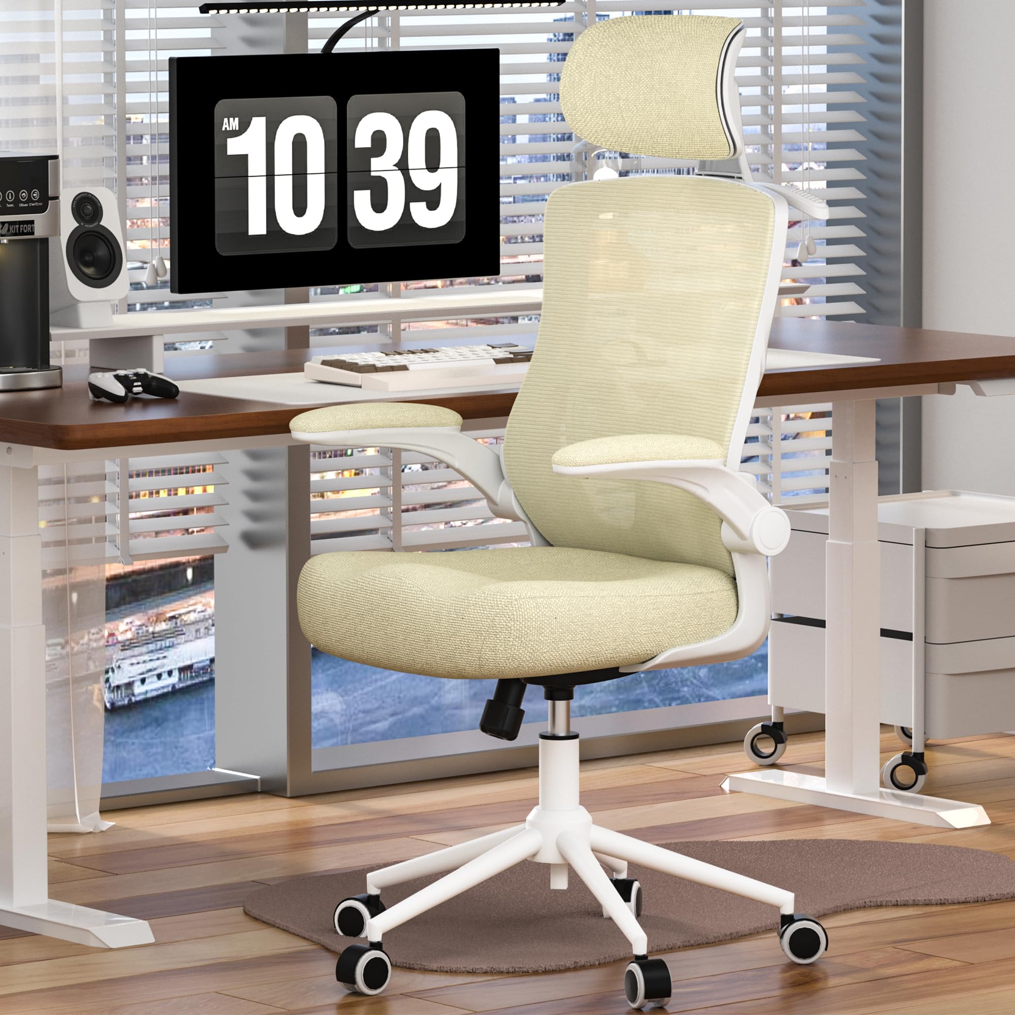Ergonomic Office Chair, High Back Mesh Desk Chair with Molded Foam Cushion, Adjustable Headrest, Lumbar Support, Lock Function (All Beige)