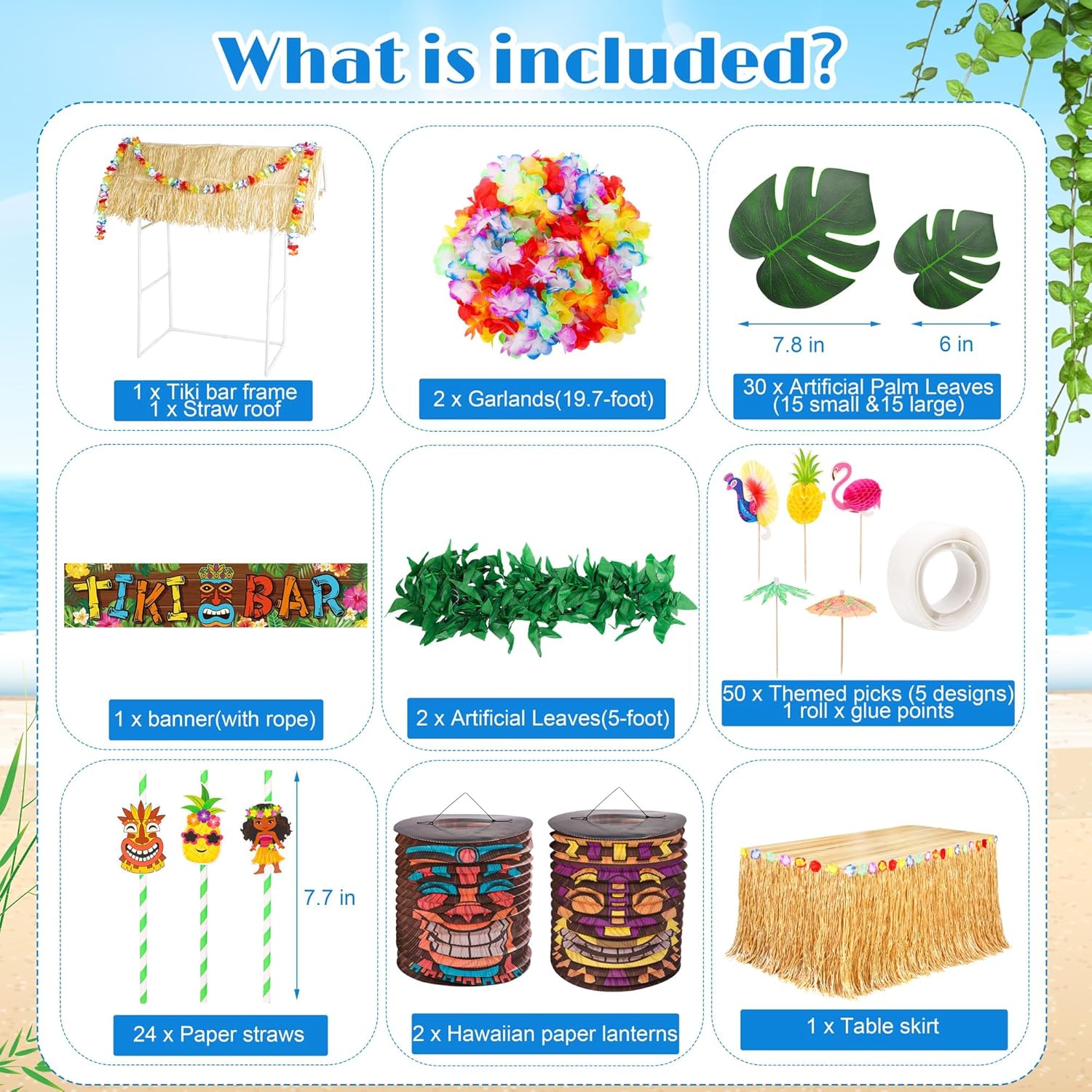 115 Pieces Hawaii Tiki Bar Kit Include 53 x 21.7 x 55 Inch Large Hawaiian Bar Hut Table Skirt Straw Roof Garland Banner Tropical Palm Leaves Lantern for Luau Summer Hawaiian Aloha Theme Party