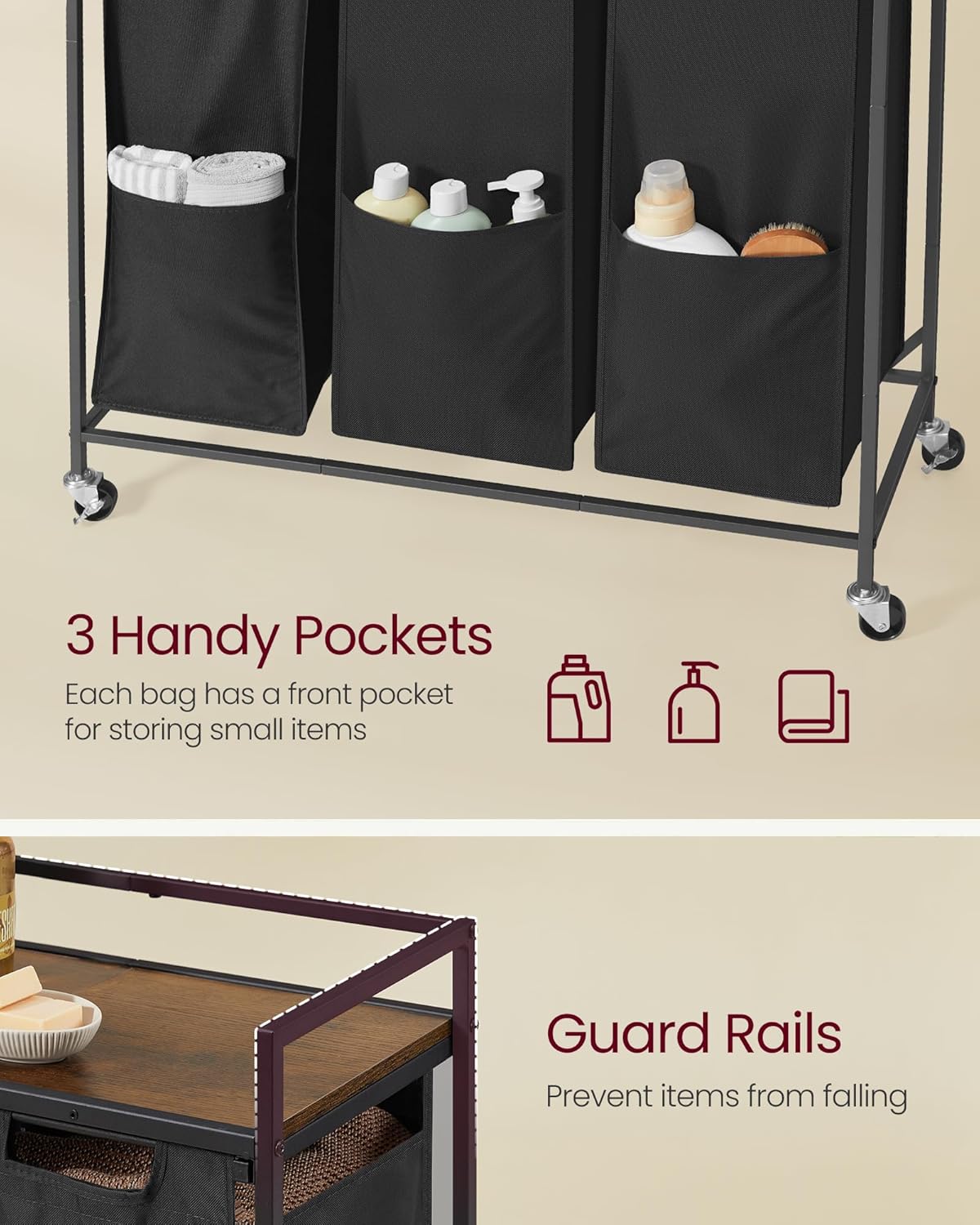 VASAGLE Laundry Sorter, 43.5 Gal. (165 L) Laundry Hamper Basket with 3 Compartments, Rolling Cart with Wheels, Shelf, Removable Bags, Pockets, Ink Black and Rustic Brown UBLH031B01