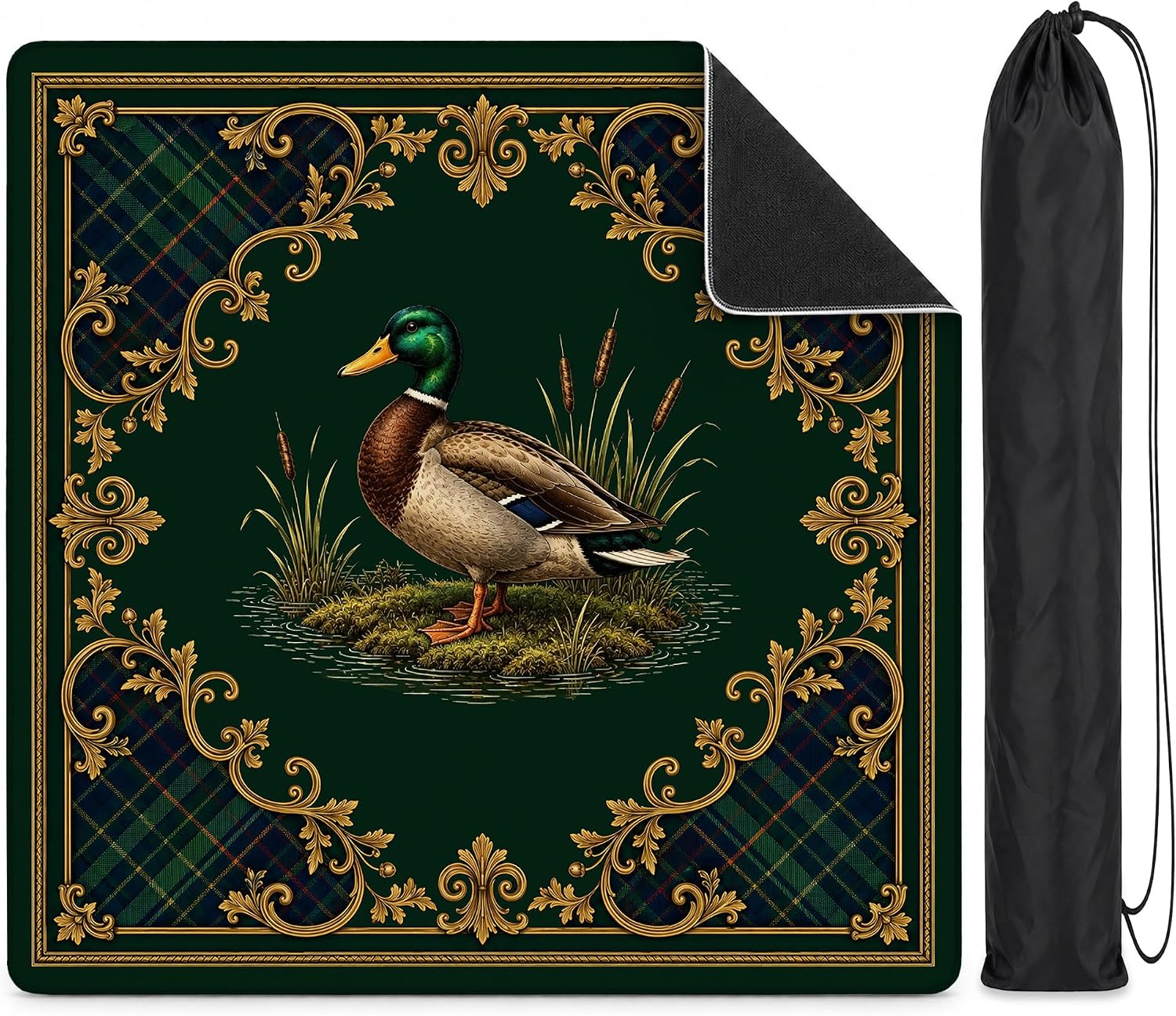 Vintage Mallard Duck Mahjong Mat for Table 31.5" x 31.5" 117MJD | Gold Green Tartan Plaid Duck Anti-Slip Noise-Reducing Mahjong Table Cover for Mah Jong Poker Board Card Games Dominoes