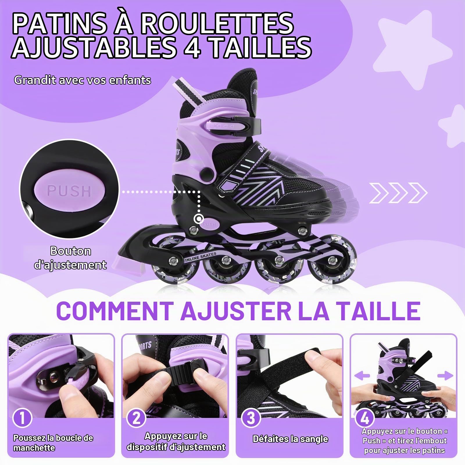 Rollers en Ligne Réglables, Patins à roulettes en Ligne Réglables pour Enfants Filles Garçons Débutants, Patins à Roues en Ligne pour Intérieur Extérieur Sport (L (EU36-40))