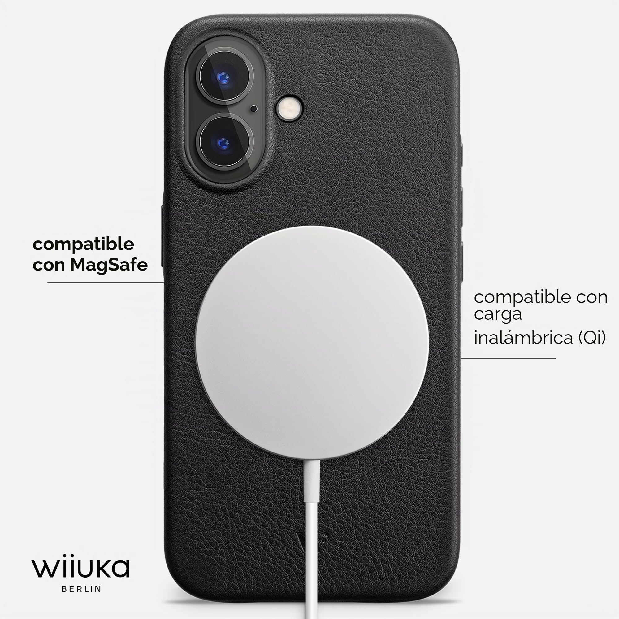 WIIUKA Funda para iPhone 17, piel de Alemania, funda de piel extrafina, funda premium para teléfono móvil, funda para teléfono móvil Qi, skiin, color negro