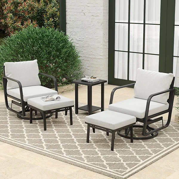 Patio Glider Swivel Rocker Sets: 5Pieces Aluminum Alloy Ensemble with 360° Swivel Rocking Glider Chairs, Rust-Resistant Frame Gray Cushions -Perfect for Decoration (2 Glider chairs& 2Ottomans+1Table)