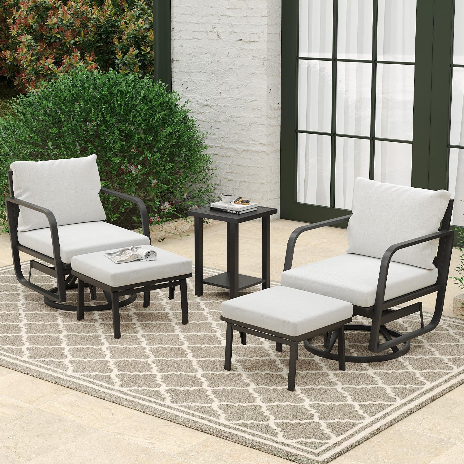 Patio Glider Swivel Rocker Sets: 5Pieces Aluminum Alloy Ensemble with 360° Swivel Rocking Glider Chairs, Rust-Resistant Frame Gray Cushions -Perfect