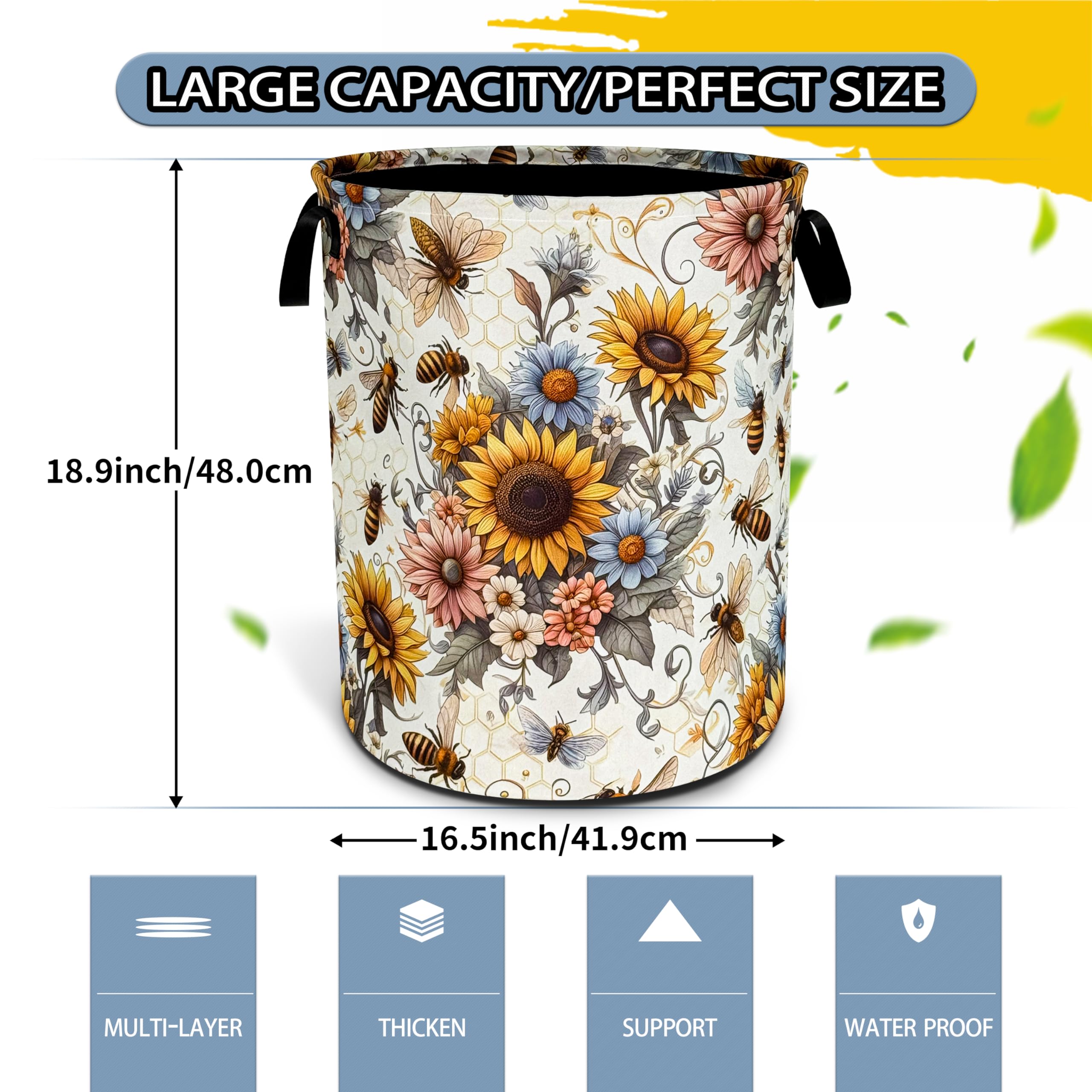 NUTAINLA Bee Sunflower Laundry Basket Flower Foldable Oxford Cloth Funny Tote Bag Laundry Hamper Clothes Storage Bucket Toy Organizer For Bathroom/Laundry Storage/Bedroom 18.9x16.5 Inch