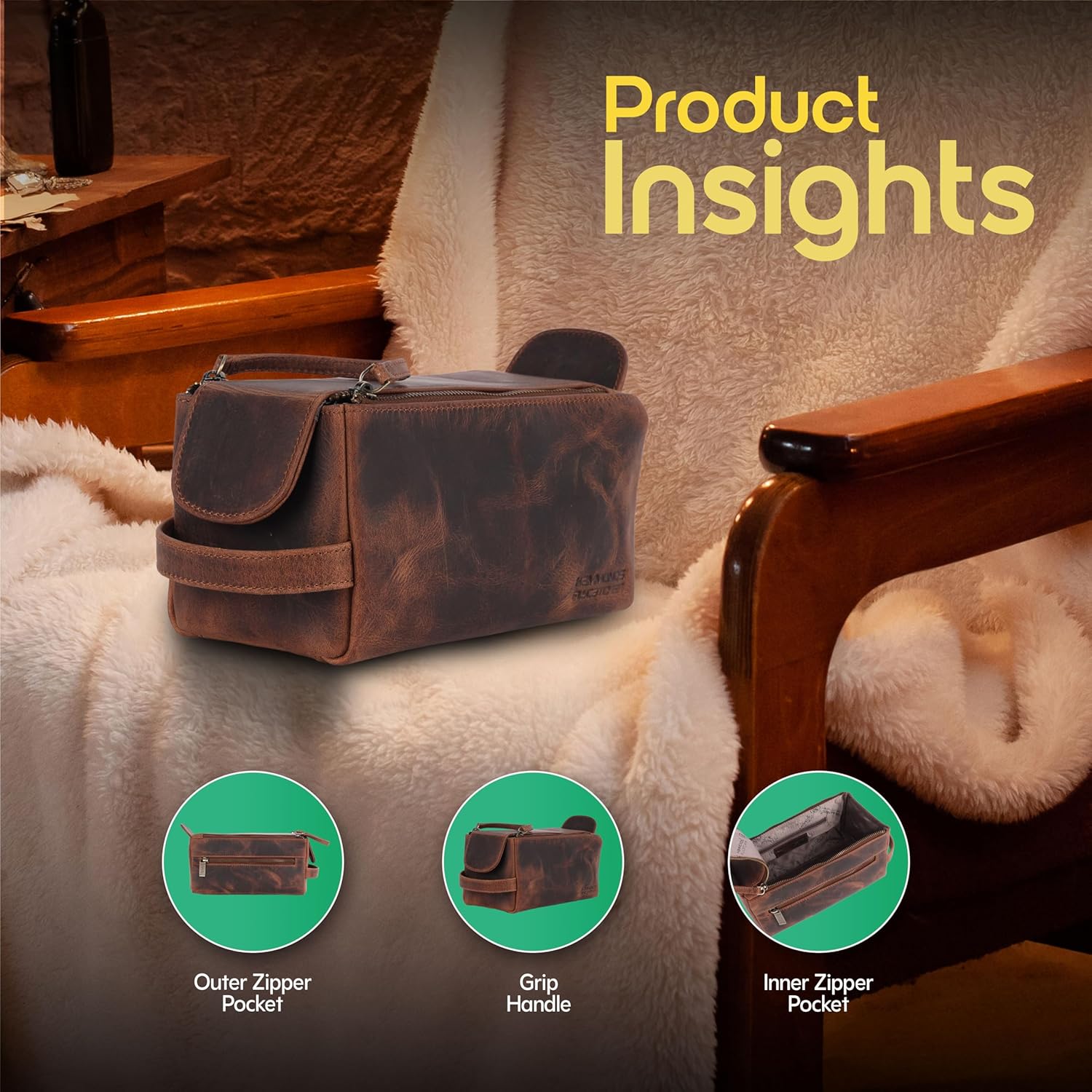 Hammonds Flycatcher Genuine Leather Travel Toiletry Bag for Men and Womens Makeup Bag Organizer, Grooming and Shaving Essentials- Mens Dopp Kit for Travel - Large Cosmetic Bags for Women - Vintage Tan - Image 3