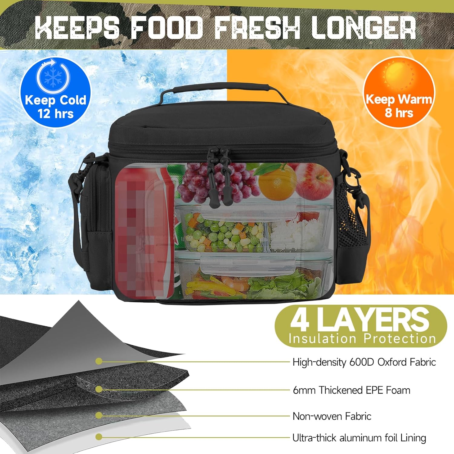 QT&QY Tactical Lunch Bag for mens Military heavy duty lunch box work Leakproof insulated Durable Thermal Cooler Bag for Adult Meal for Office Camping Picnic Pail MOLLE Webbing Black - Image 4
