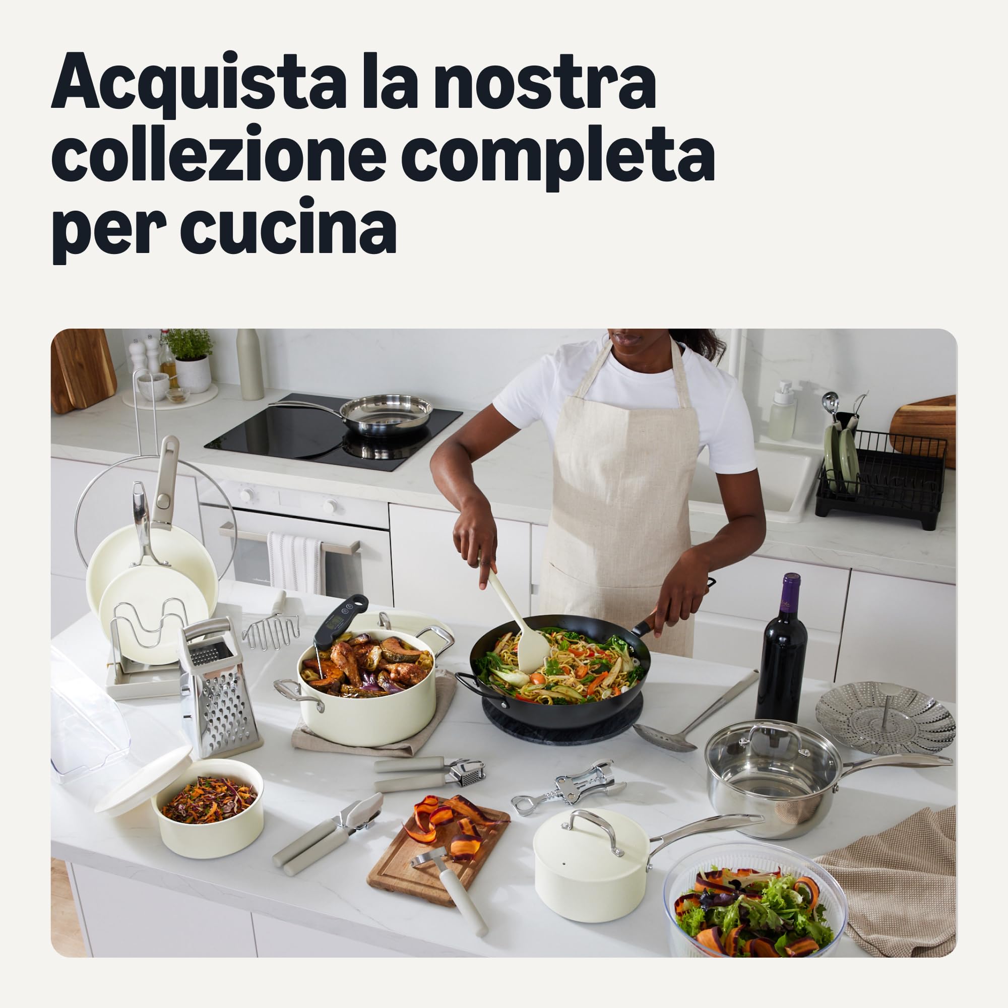 Amazon Basics Pentole Impilabili Antiaderenti in Ceramica con Manici Rimovibili, Set di 11 Pezzi, Adatte a Tutti i Piani Cottura, Grigio Lino