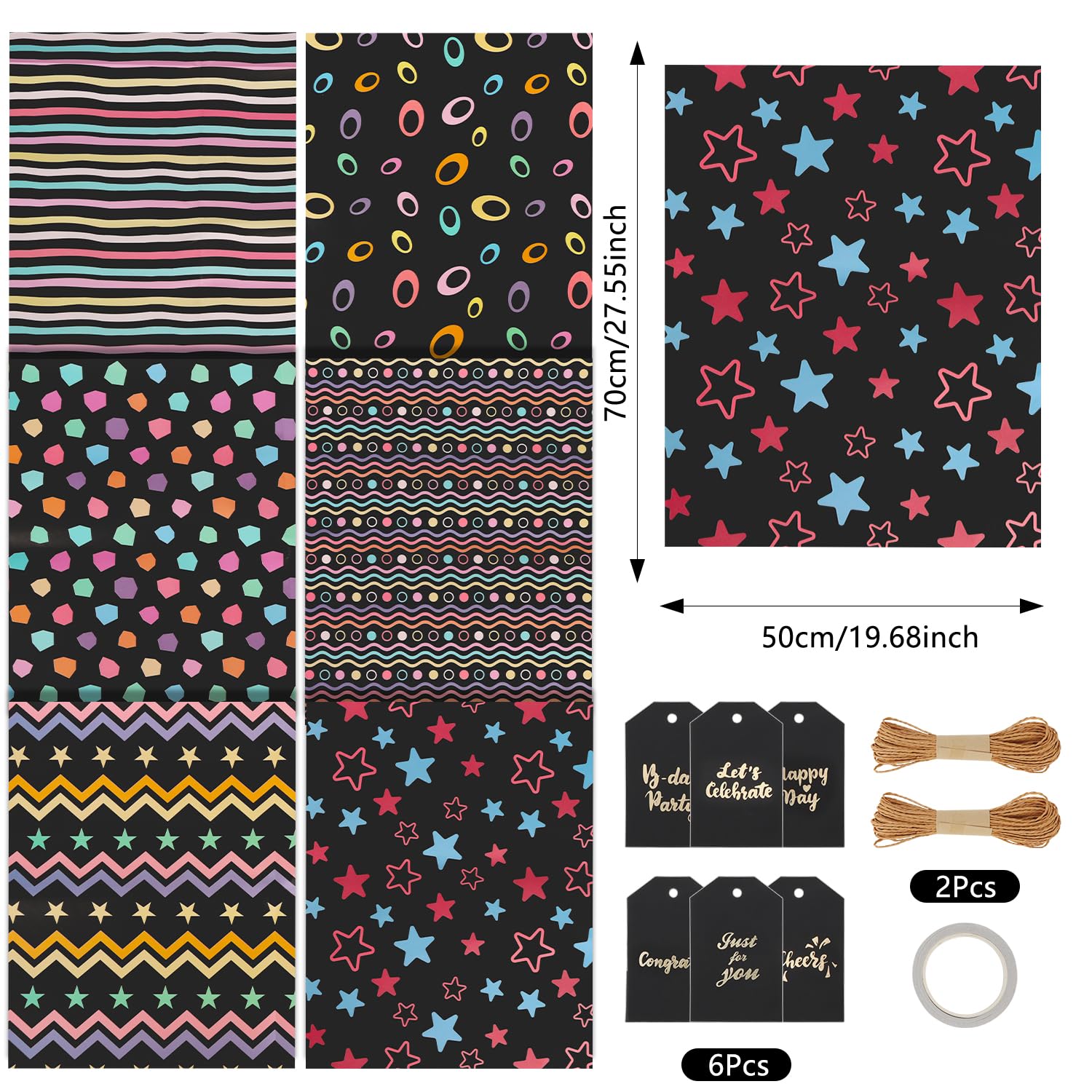 Carta Da Regalo Compleanno - Set Con 6 Fogli 50x70cm, 20m Corda Di Carta, 9 Etichette, Riciclata E Colorata - Foto 2