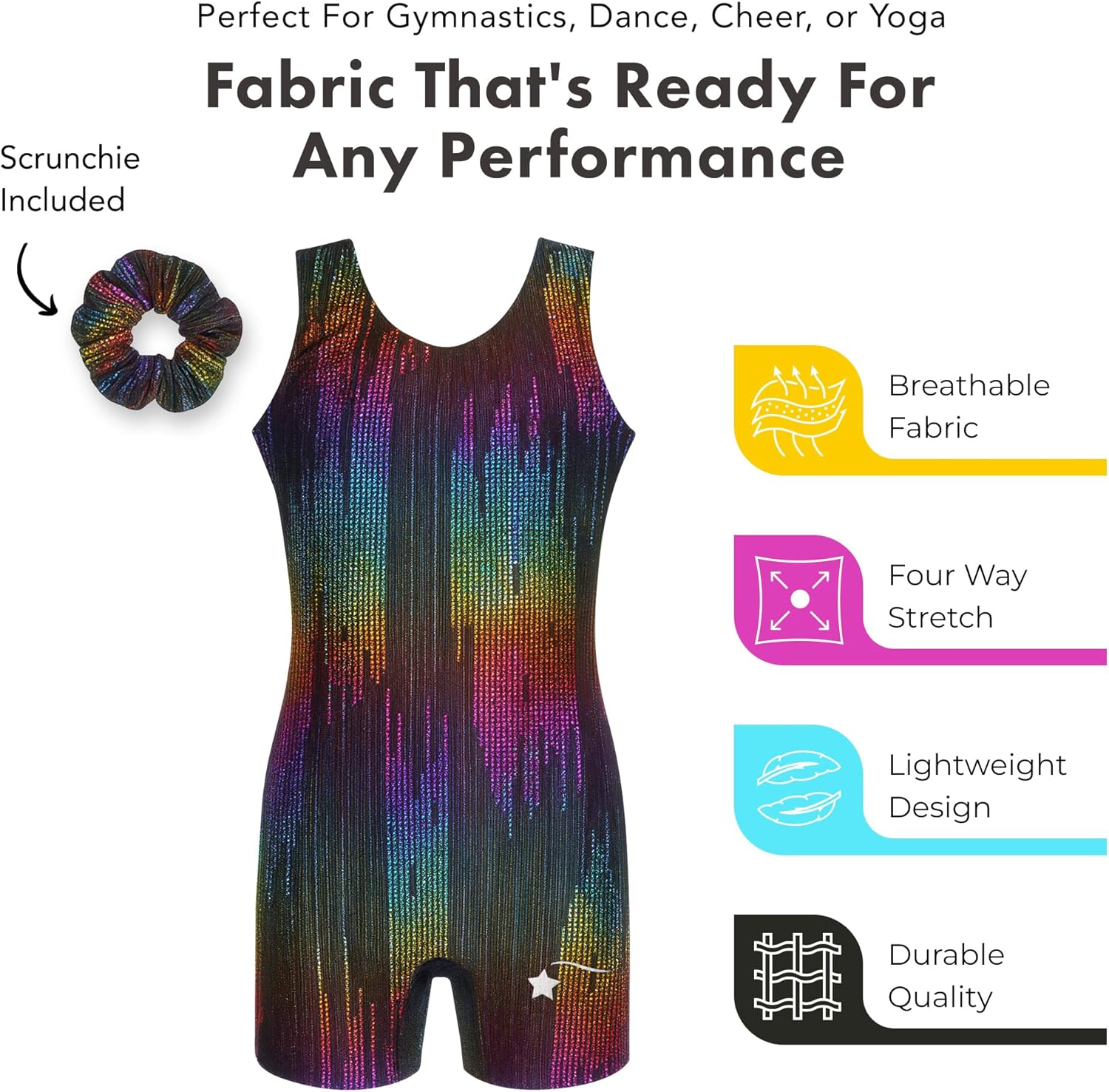 Destira Paris Nights Gymnastics Unitard for Girls, Glitter Rainbow Foil Fabric Biketard With Matching Scrunchie - Image 3