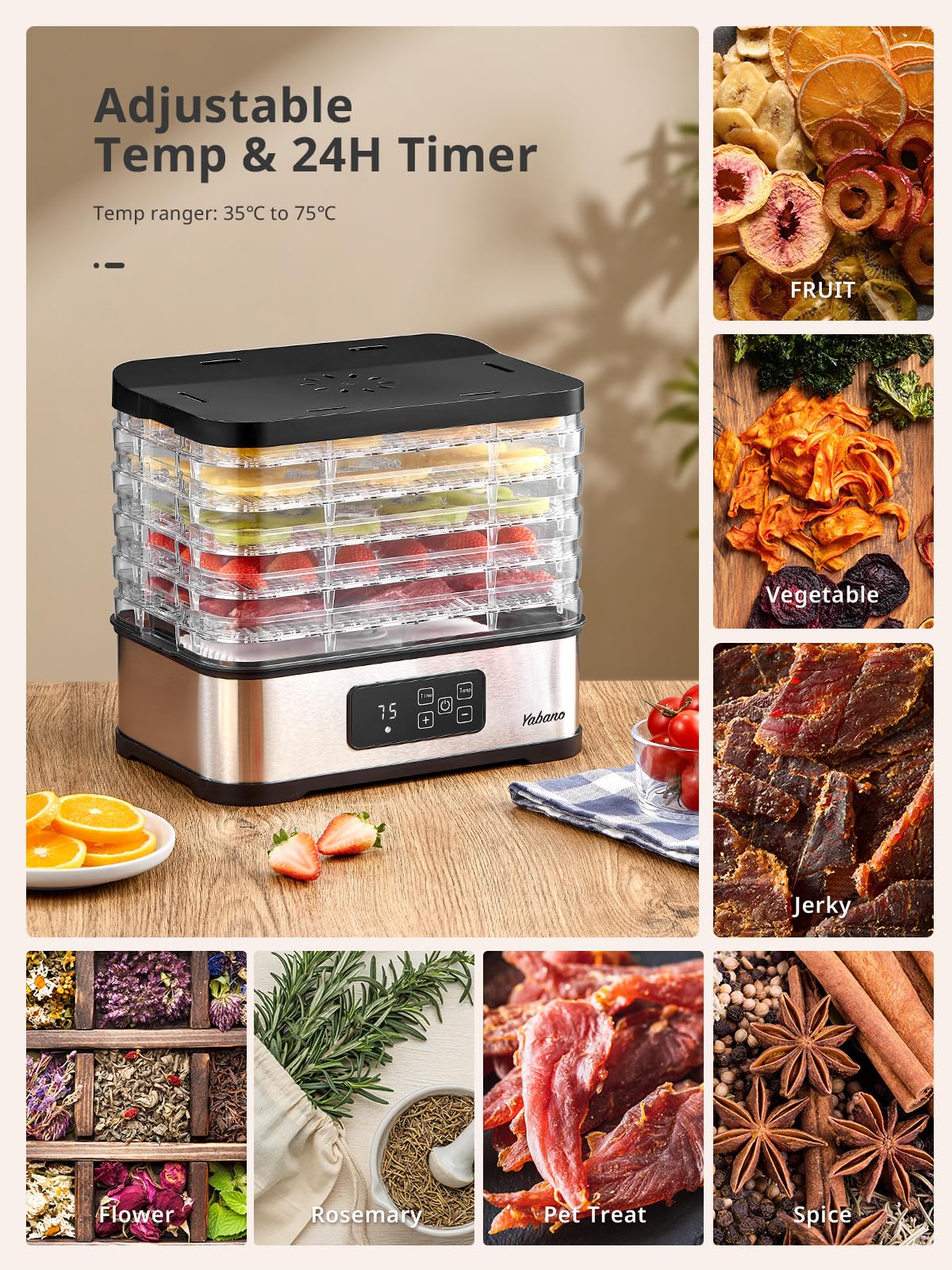 Essiccatore per alimenti con 5 vassoi, temperatura 35-70 °C e timer 72 ore, timer digitale, senza BPA, per snack sani, frutta, carne e cibo per animali domestici
