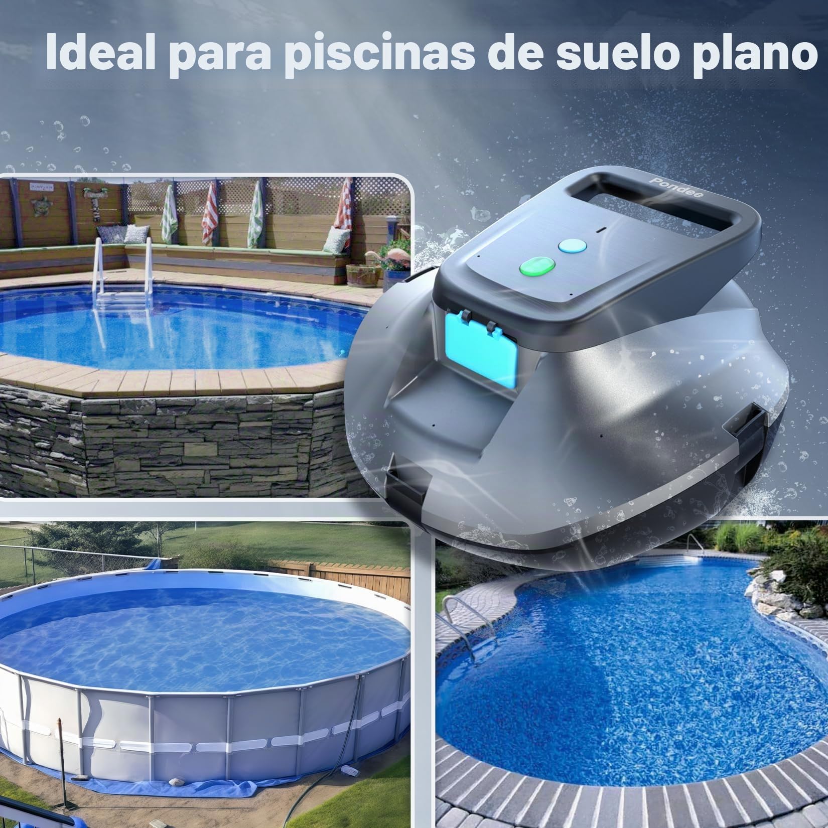 (Upgrade 2026) Pondee X1 Robot Limpiafondos Piscina Sin Cable Fondo Plano, Aspiradora 120 Min Autonomía, Auto-Parking, Carga Rápida 2,5h, para Piscinas Desmontables y Enterradas hasta 80 m²