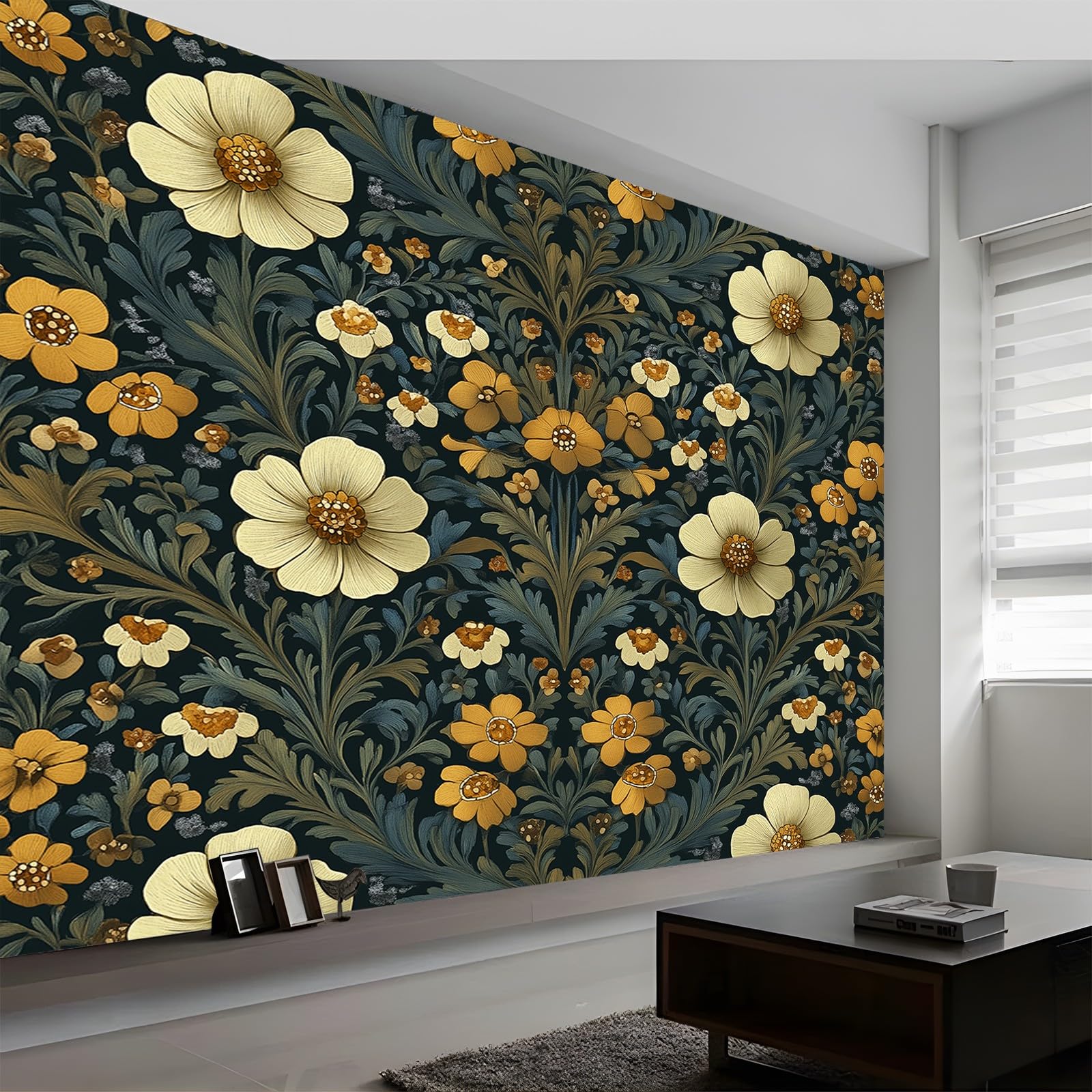 Panoramiczna tapeta z nadrukiem abstrakcyjnych liści i kwiatów fototapeta z włókniny 400 x 280 cm do salonu pokój dziecięcy restauracja mieszkanie dekoracja ścienna ciemnozielona