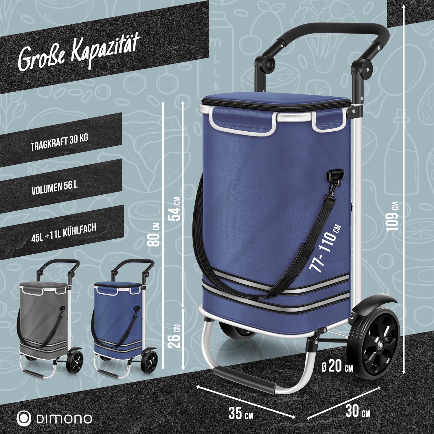 DIMONO® Einkaufstrolley klappbar, 56L Kühlfach, 30kg Tragkraft in Blau