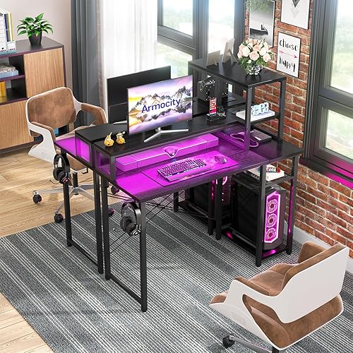 Miniatura 2 de armocity Escritorio para juegos actualizado 2024 con luces LED, escritorio pequeño para computadora con soporte largo para monitor, mesa reversible