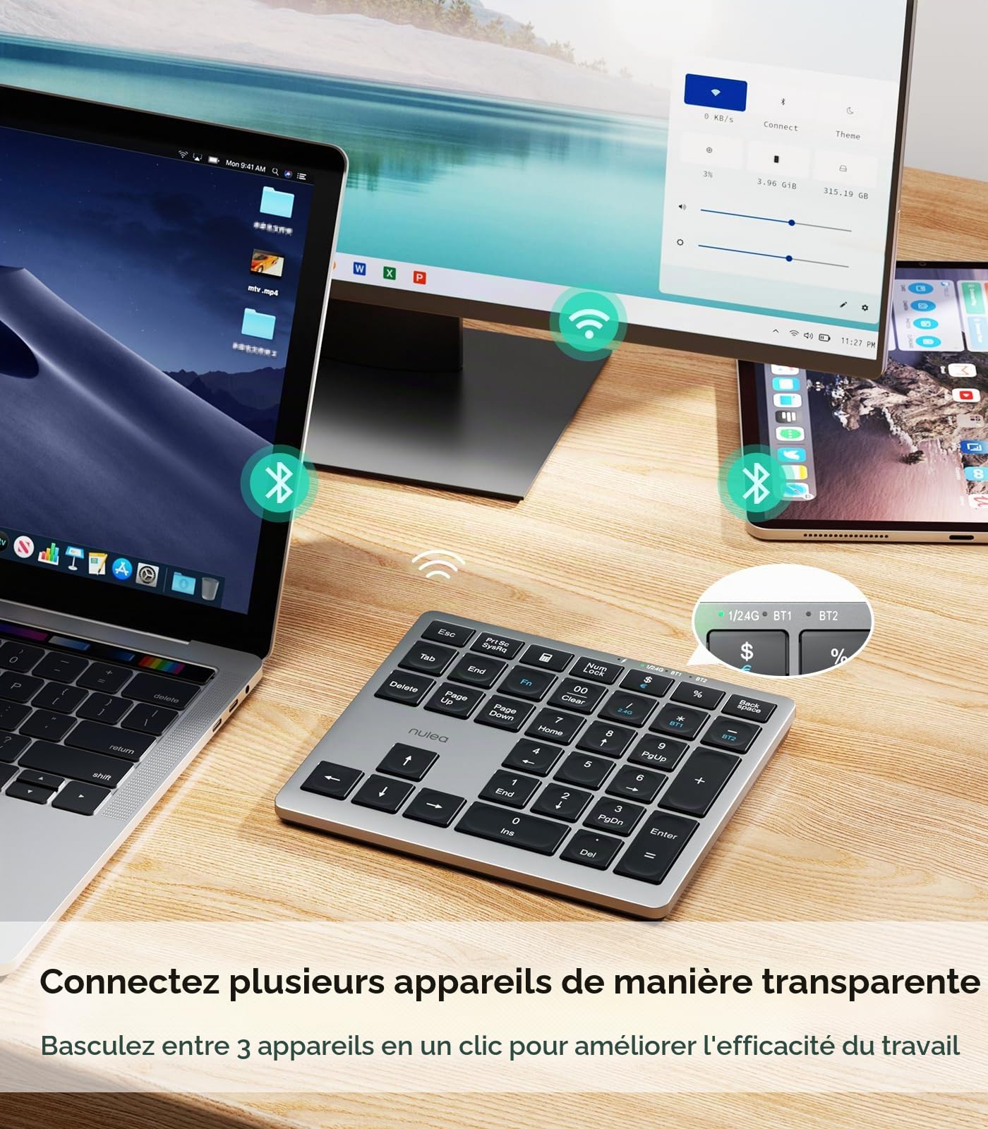 Clavier numérique portable sans fil Bluetooth 5.0 Nulea, rechargeable par USB-C, clavier Bluetooth 34 touches pour la saisie de données, compatible avec ordinateur portable, Mac, iMac, tablette, PC de