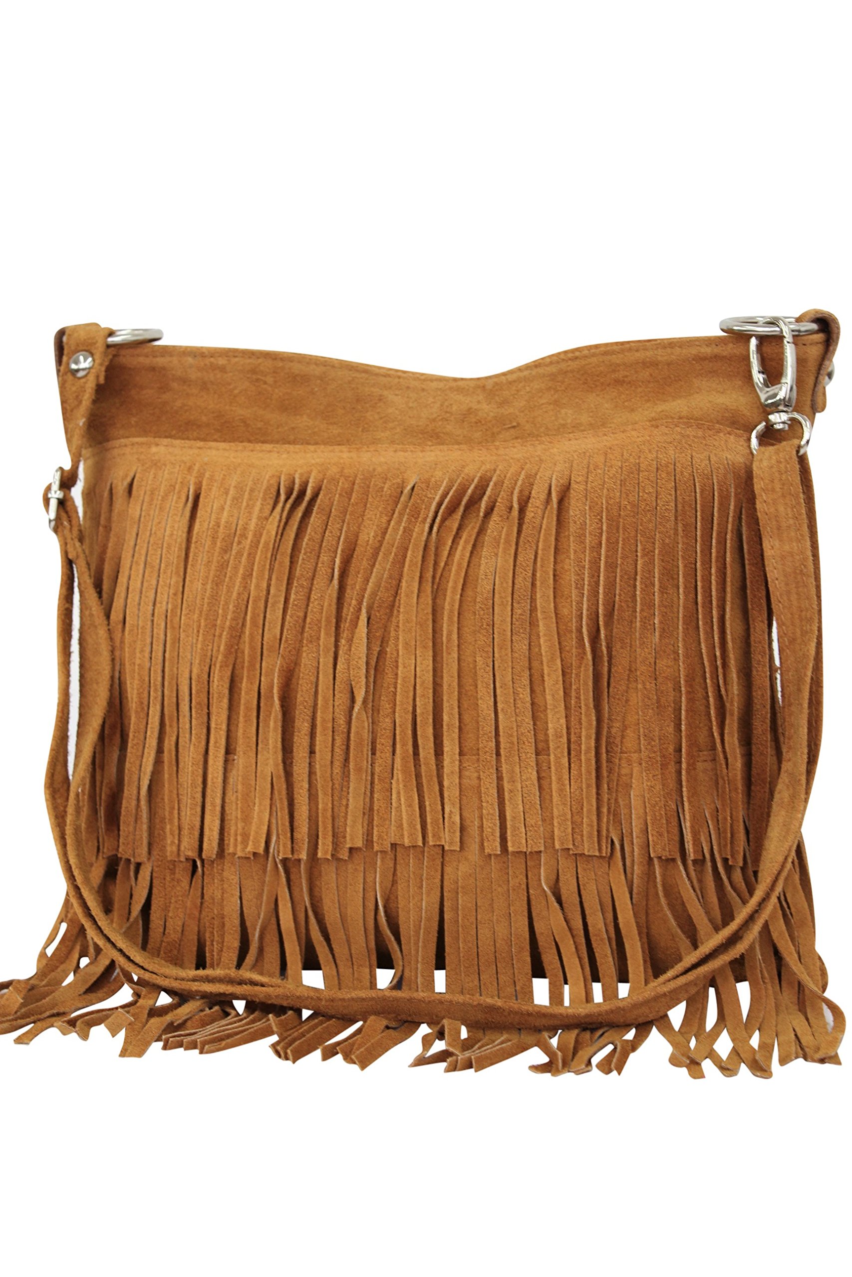 AMBRA Moda Damen Handtasche Ledertasche Umhängetasche Fransentasche Schultertasche Damentasche Wildleder 32 cm x 29 cm x 2 cm WL809 (Cognac)