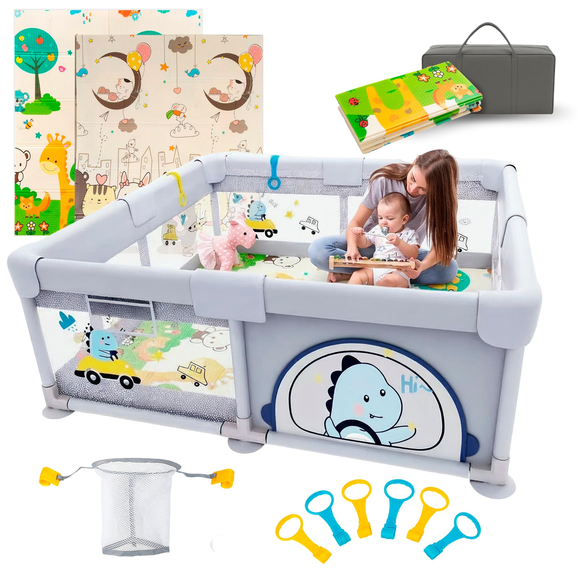 PARVULI Parque Infantil Bebe 120x120cm con Alfombra Acolchada + 6 Agarraderas + Canasta + Bolsa — Corralito Bebe para Casa, Malla Transpirable, Vallas con Protecciones — Baby Playpen