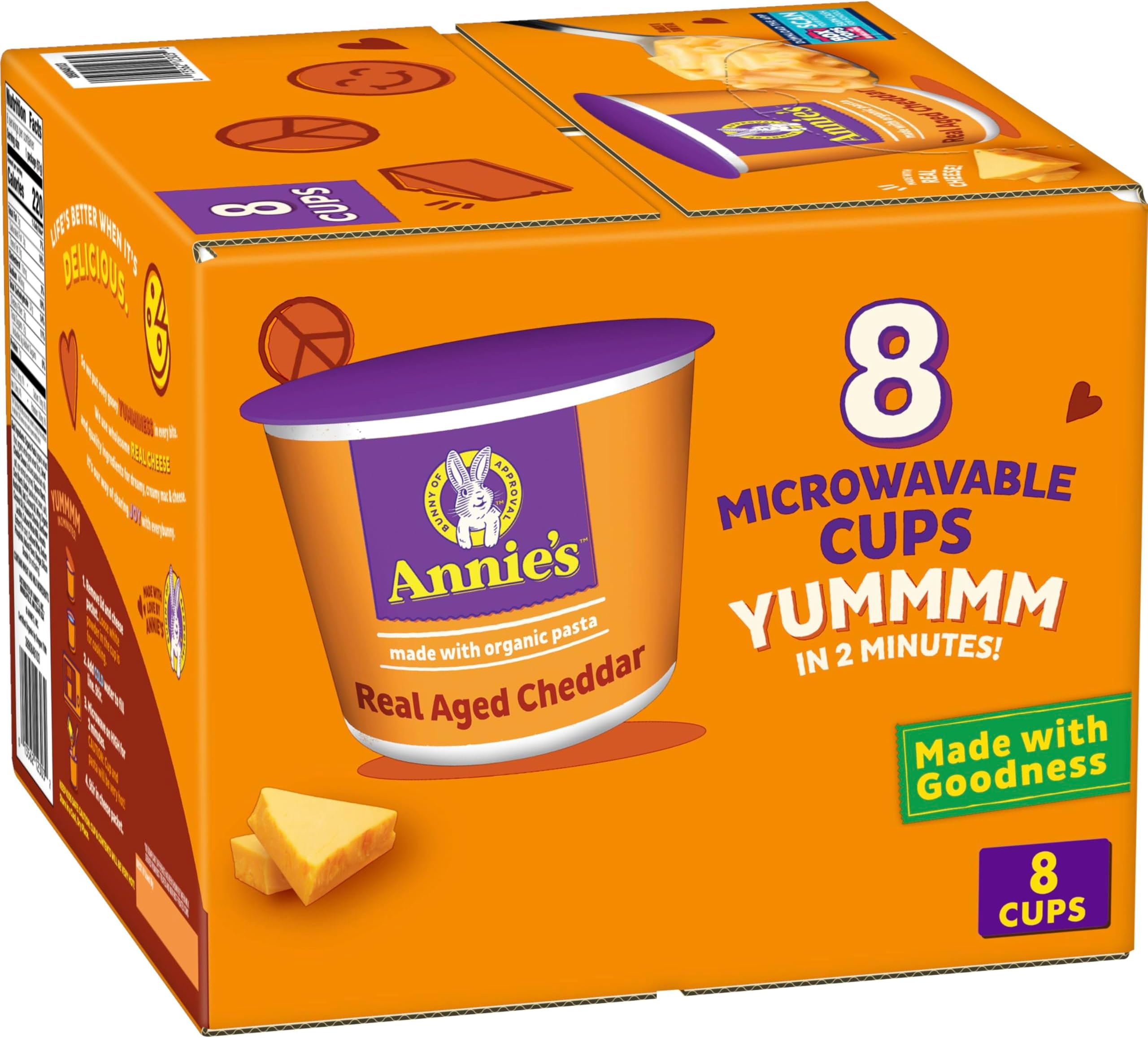 Annie's Real Aged Cheddar with Organic Pasta, Macaroni and Cheese Microwavable Cups, Made with Real Cheese, 8 Ct, 16.08 oz
