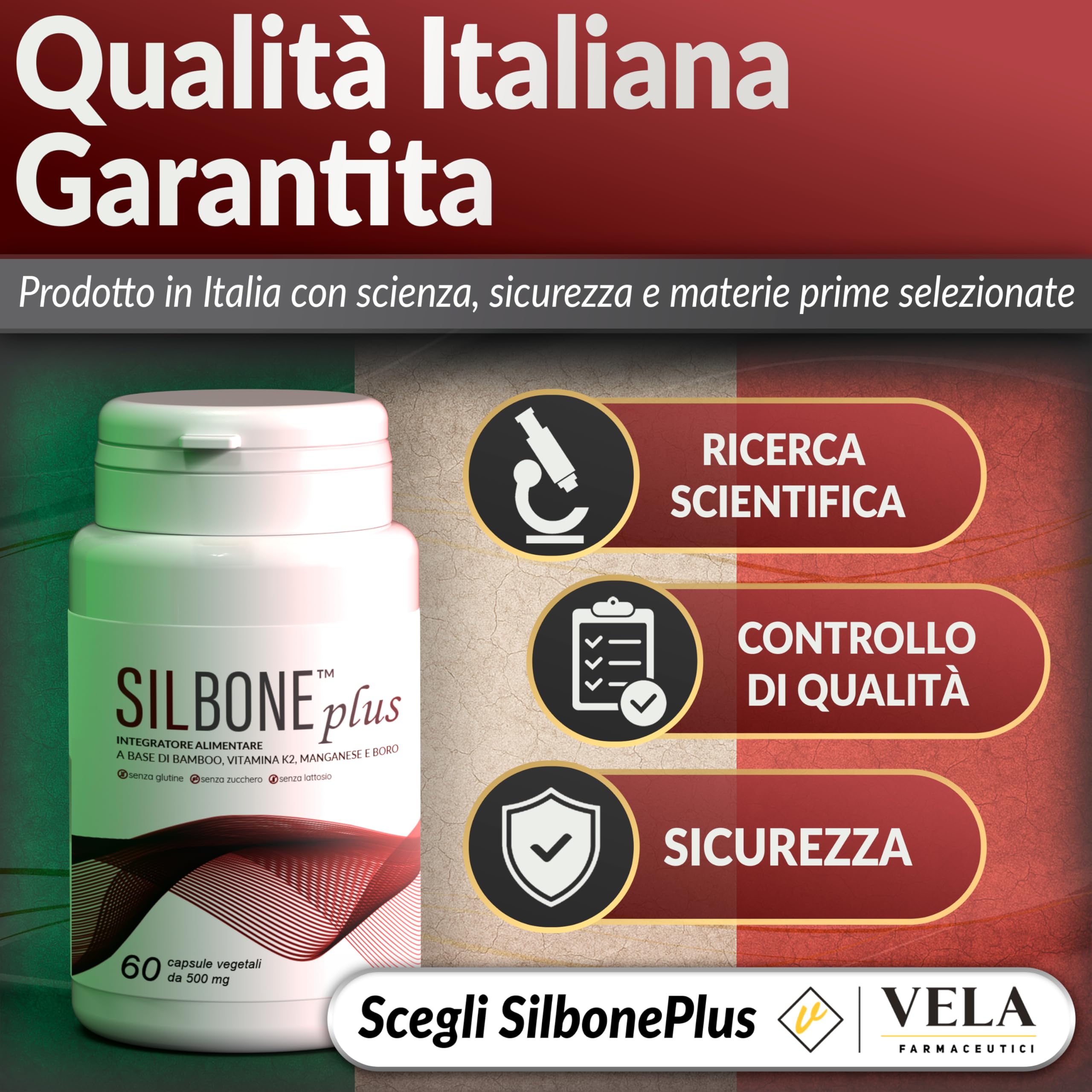SILBONE PLUS - Integratore Ossa e Articolazioni Premium con Vitamina K2 MK7, Silicio da Bamboo, Boro e Manganese, Coadiuvante per il Tessuto Connettivo - Made in Italy 60Cps - Vela Farmaceutici