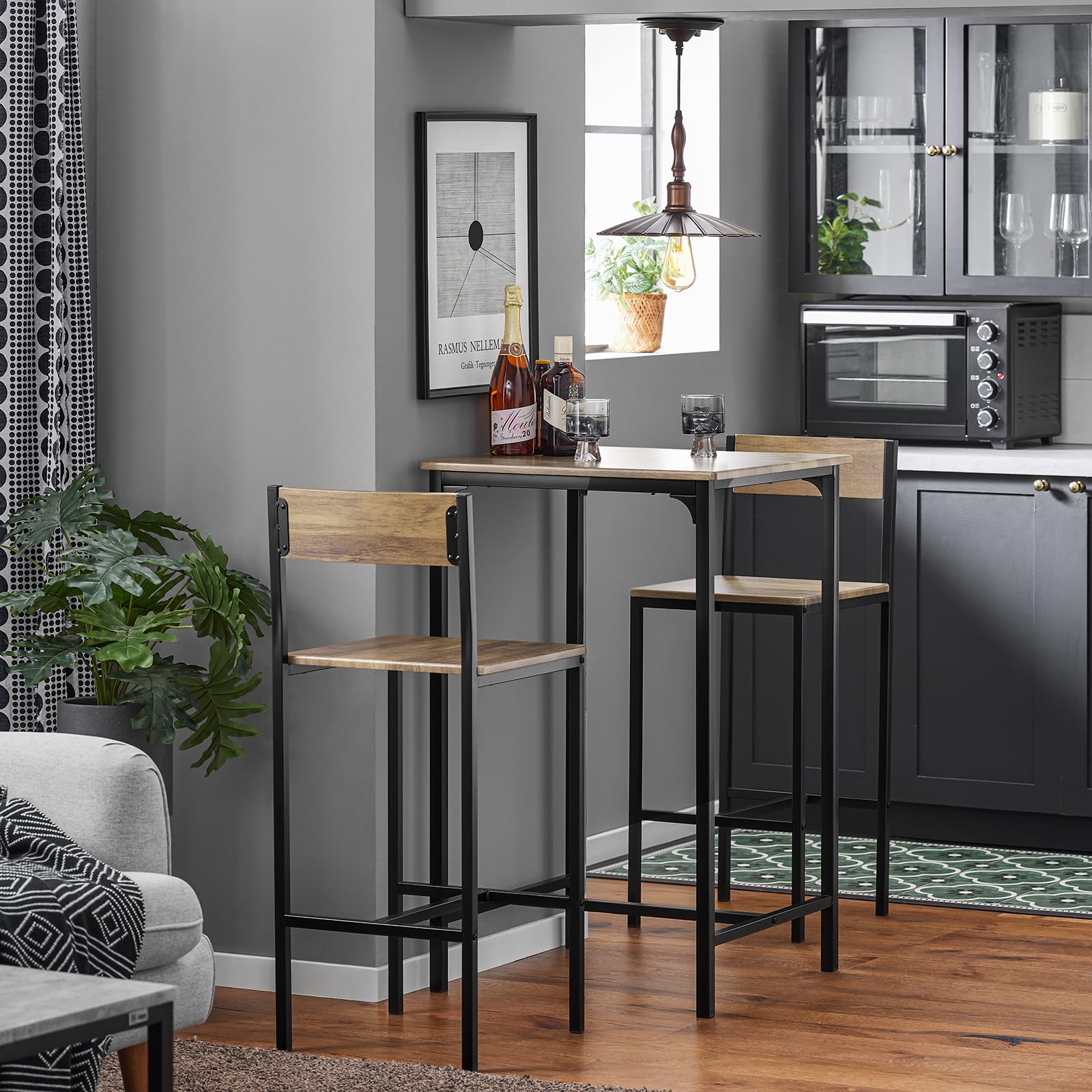SoBuy Ensemble Table Haute Mange Debout Cuisine avec 2 Tabourets, Table de Bar Haute, Mange Debout avec Tabouret, Table Bar Cuisine, Table Haute Exterieur, MDF & Métal, Bois, OGT27-N