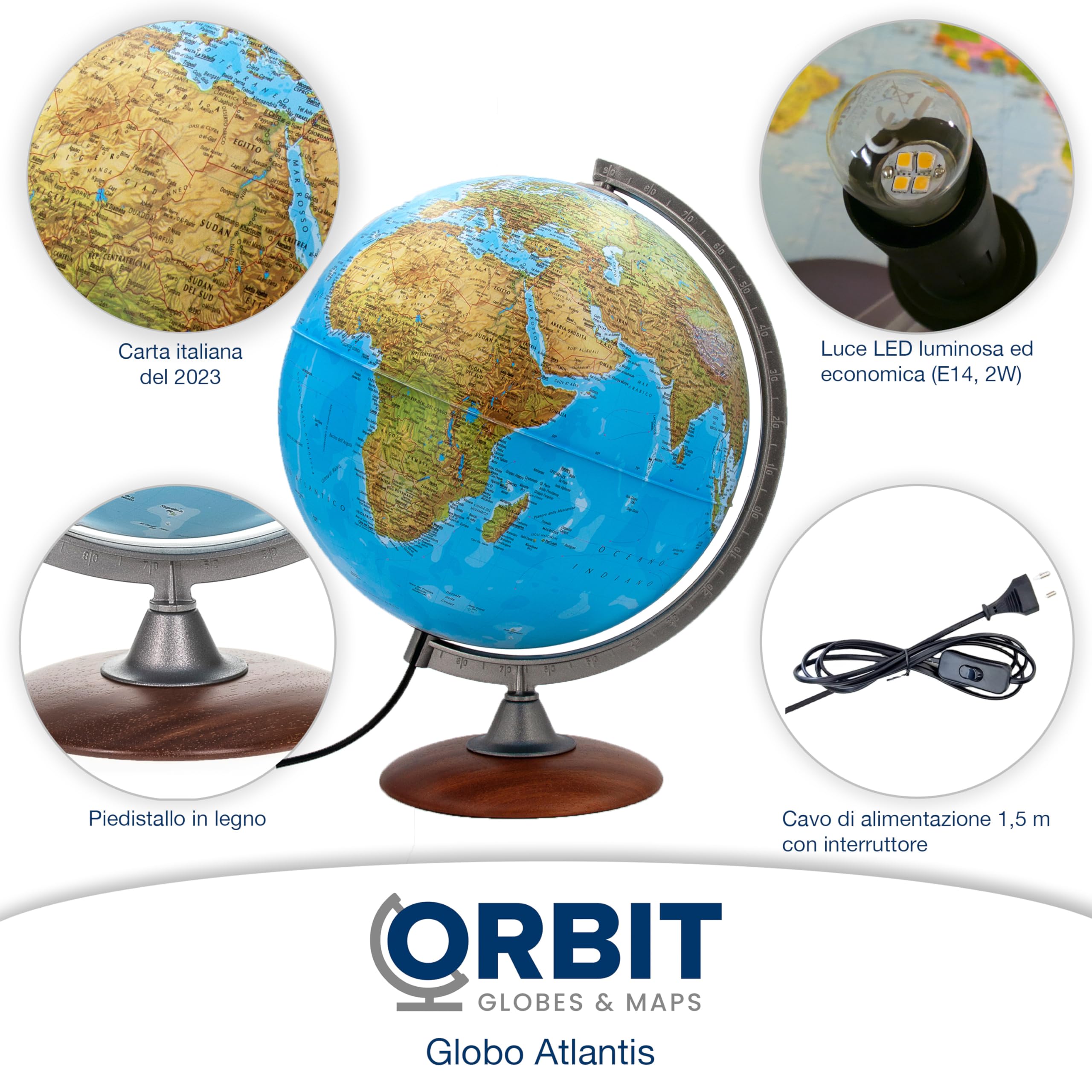 ORBIT GLOBES & MAPS Globo Luminoso, mappamondo, cartografia a Doppia Effetto, Fisica e Politica, Italiano, con Base in Legno, Lampadina a LED