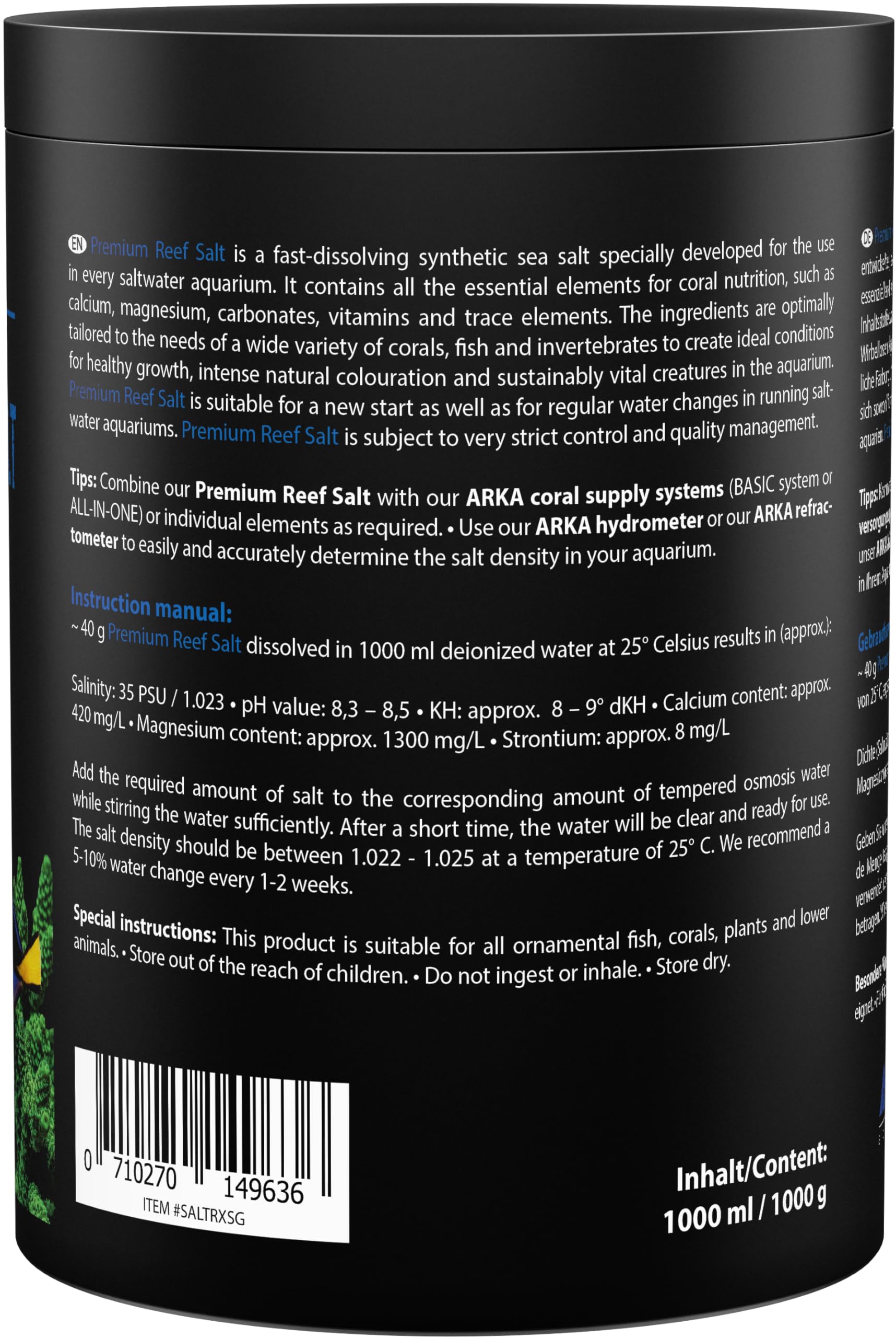 Sale marino 1 kg – ARKA Premium Reef Salt – sale sintetico per acquario marino – stimola la crescita dei coralli e i colori – si scioglie rapidamente, senza fosfati – parametri stabili
