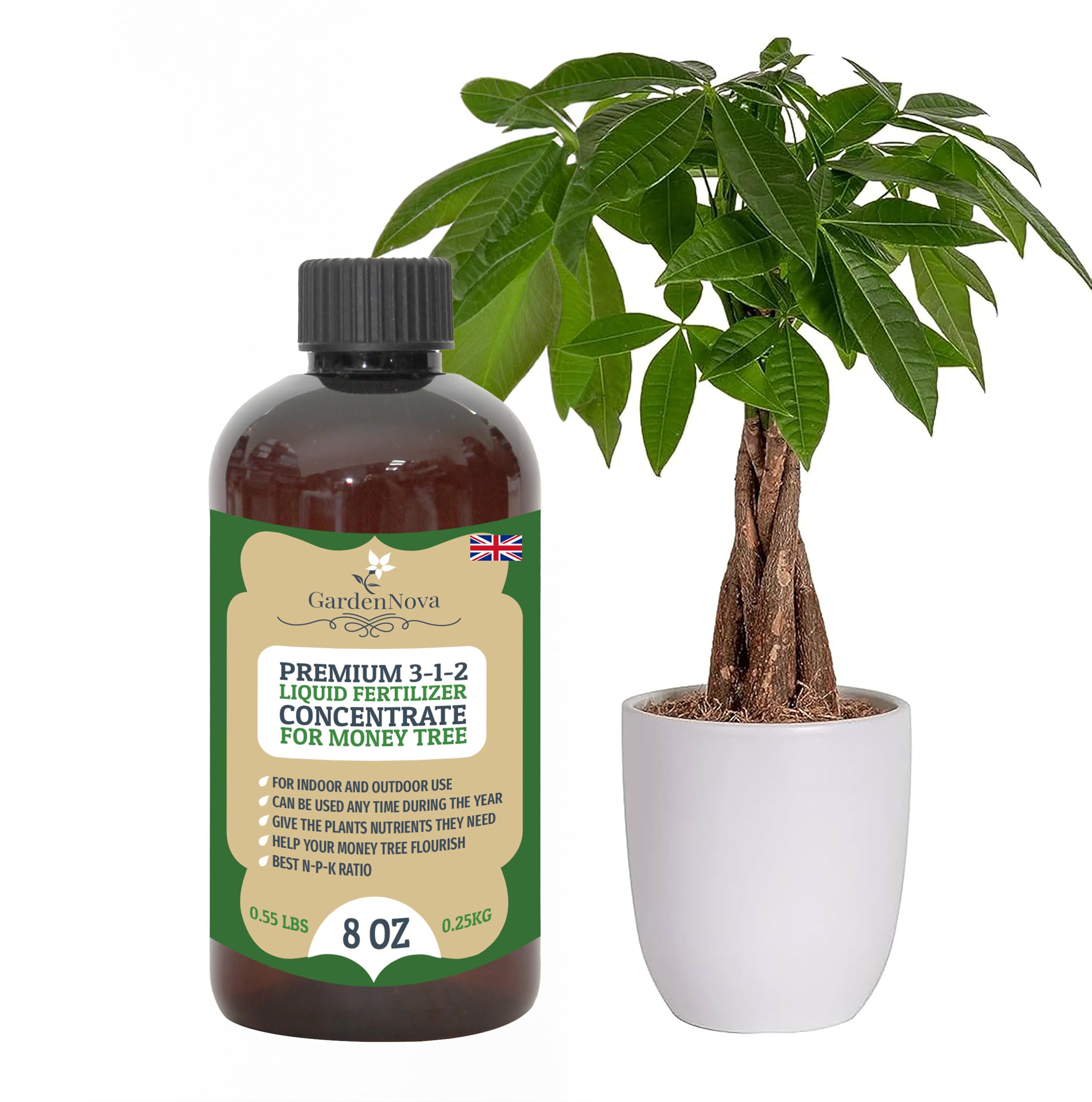 Premium Liquid Money Tree Plant Fertilizer - 3-1-2 Concentrate for Indoor Plants and Flowers by GardenNova | Organic Plant Food for Money Tree - 8oz