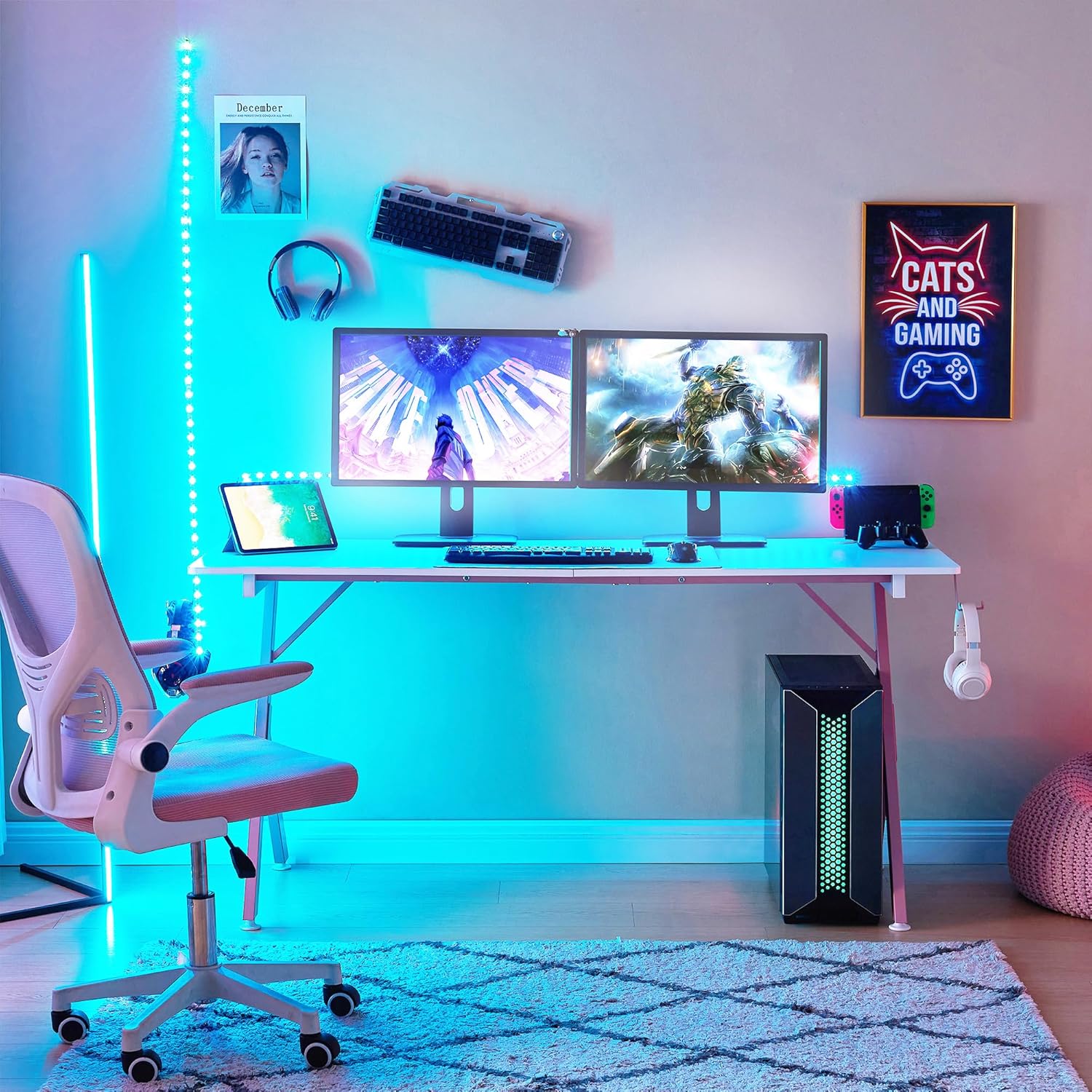 JJS Game Table 63",Carbon Fiber Surface Computer Desk, Mouse Pad, USB, Ergonomic E-Sports Style Gaming Table, Headphone Hooks